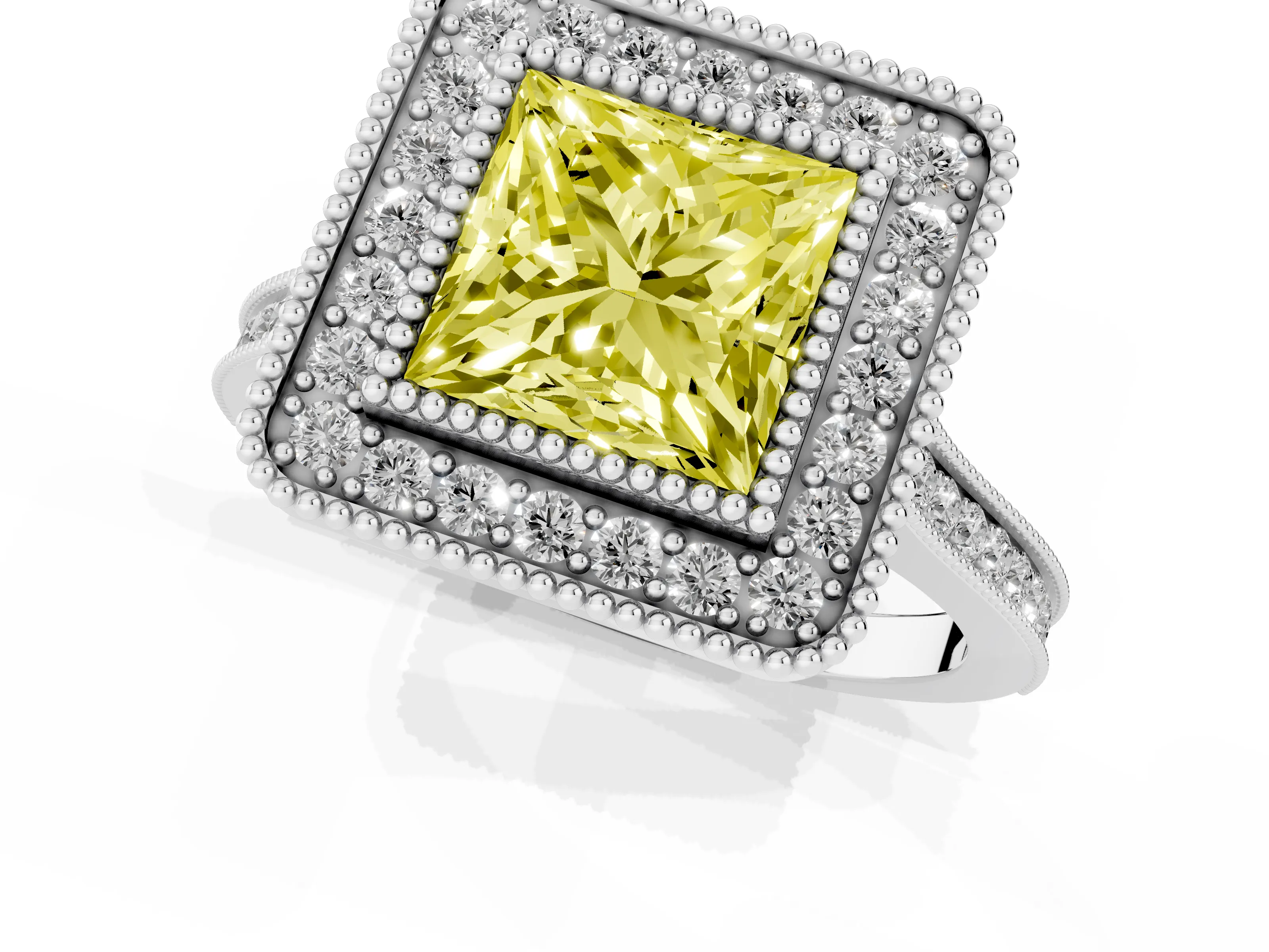 Fancy Yellow Princess Cut Diamond Halo Ring Set in White gold with Milgrain Frame and Pavé Band