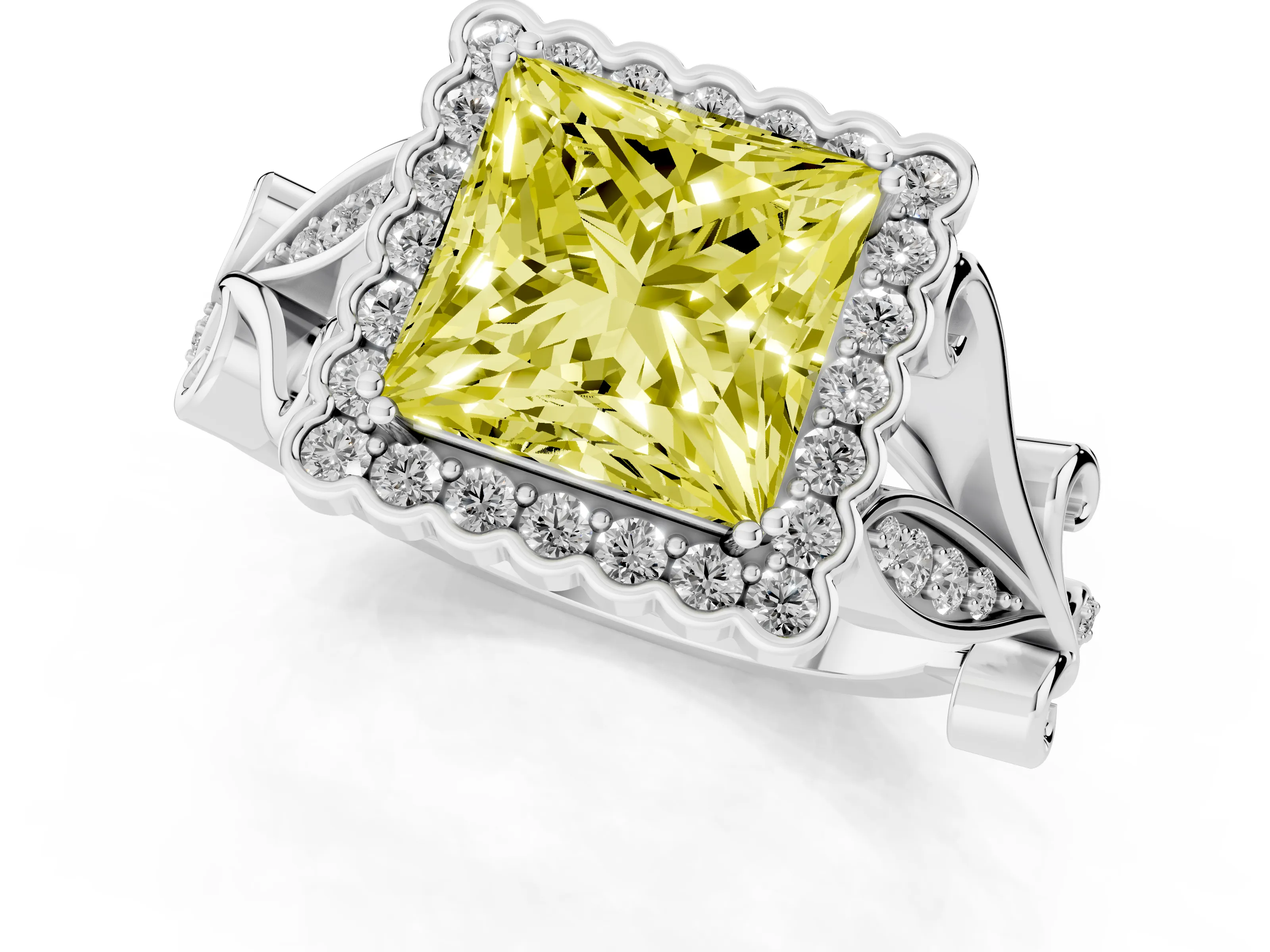 Fancy Yellow Princess Cut Diamond Halo Ring Set in White gold with Leaf Motif Split Shank and Prong Setting