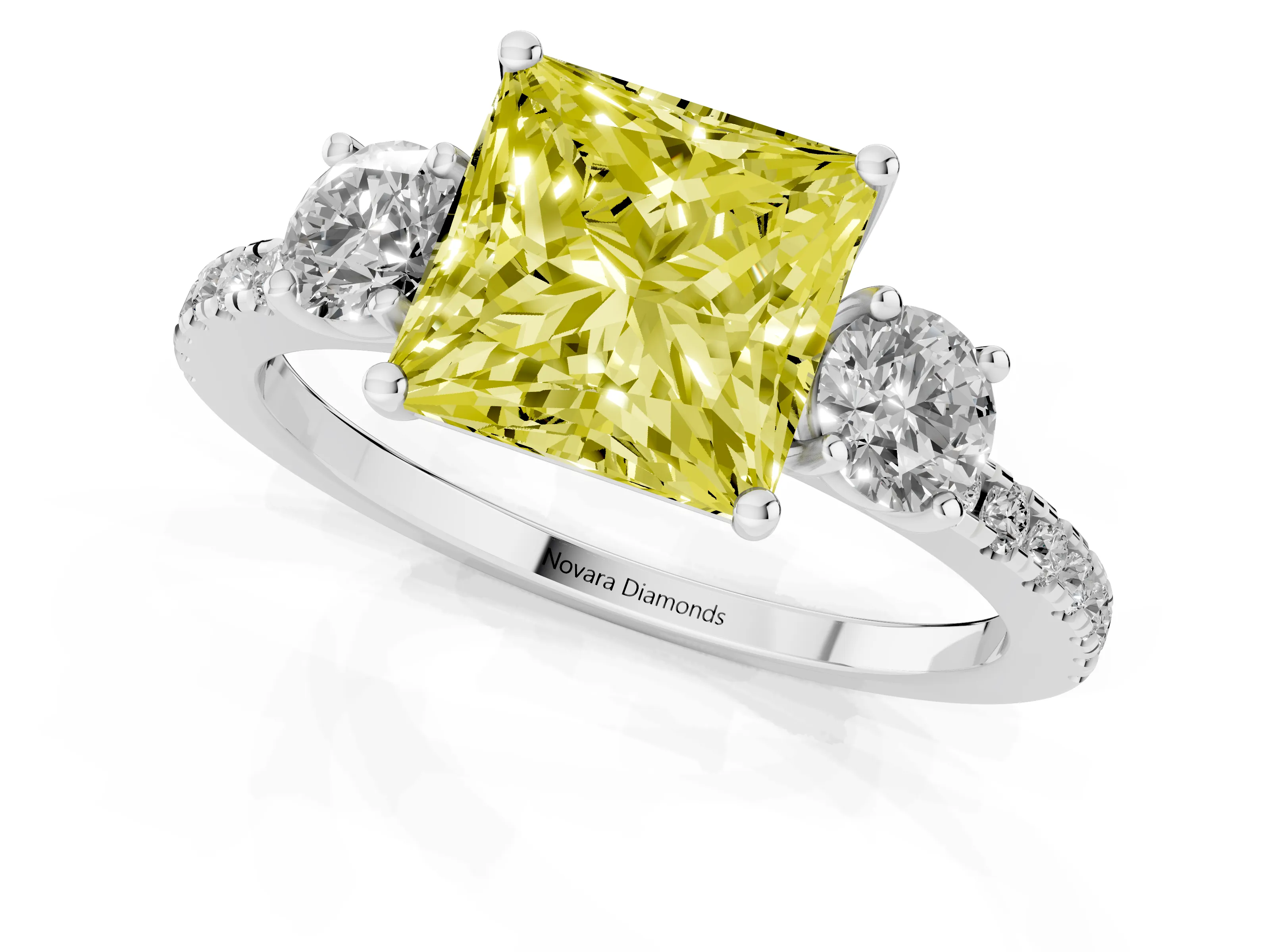 Fancy Yellow Princess Cut Diamond Three-Stone Ring Set in White gold with Pavé Band and Graduated Sides – second view