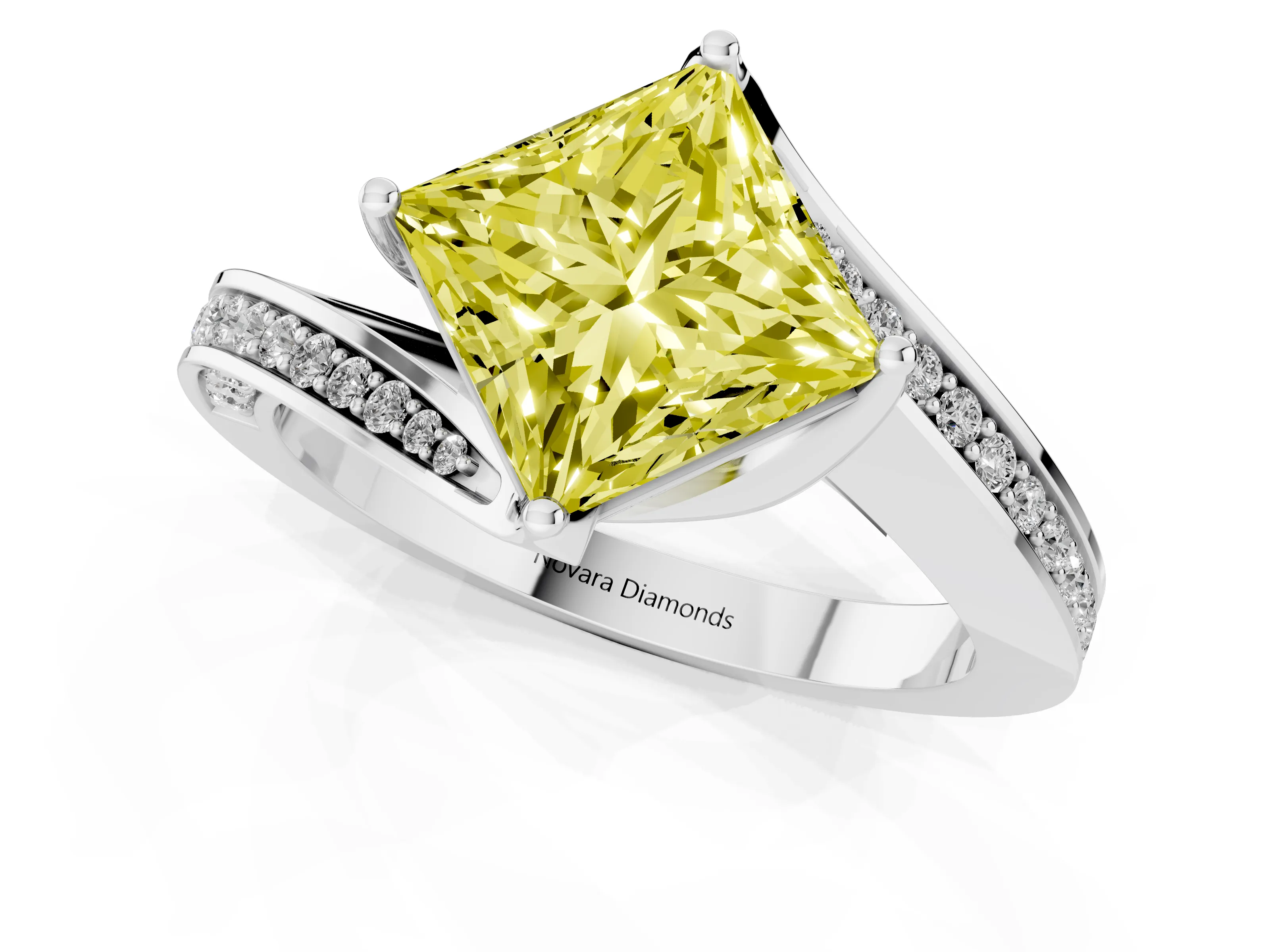 Fancy Yellow Princess Cut Diamond Solitaire Ring Set in Platinum with Intertwined Pavé Twist Band