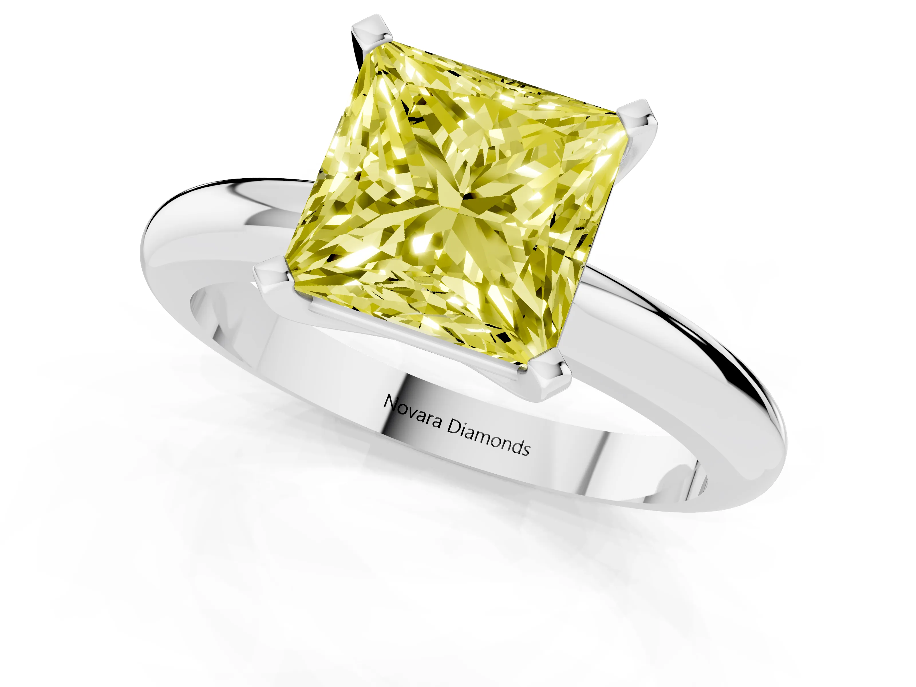 Fancy Yellow Princess Cut Diamond Solitaire Engagement Ring Set in Silver with Round Band and Prong Setting