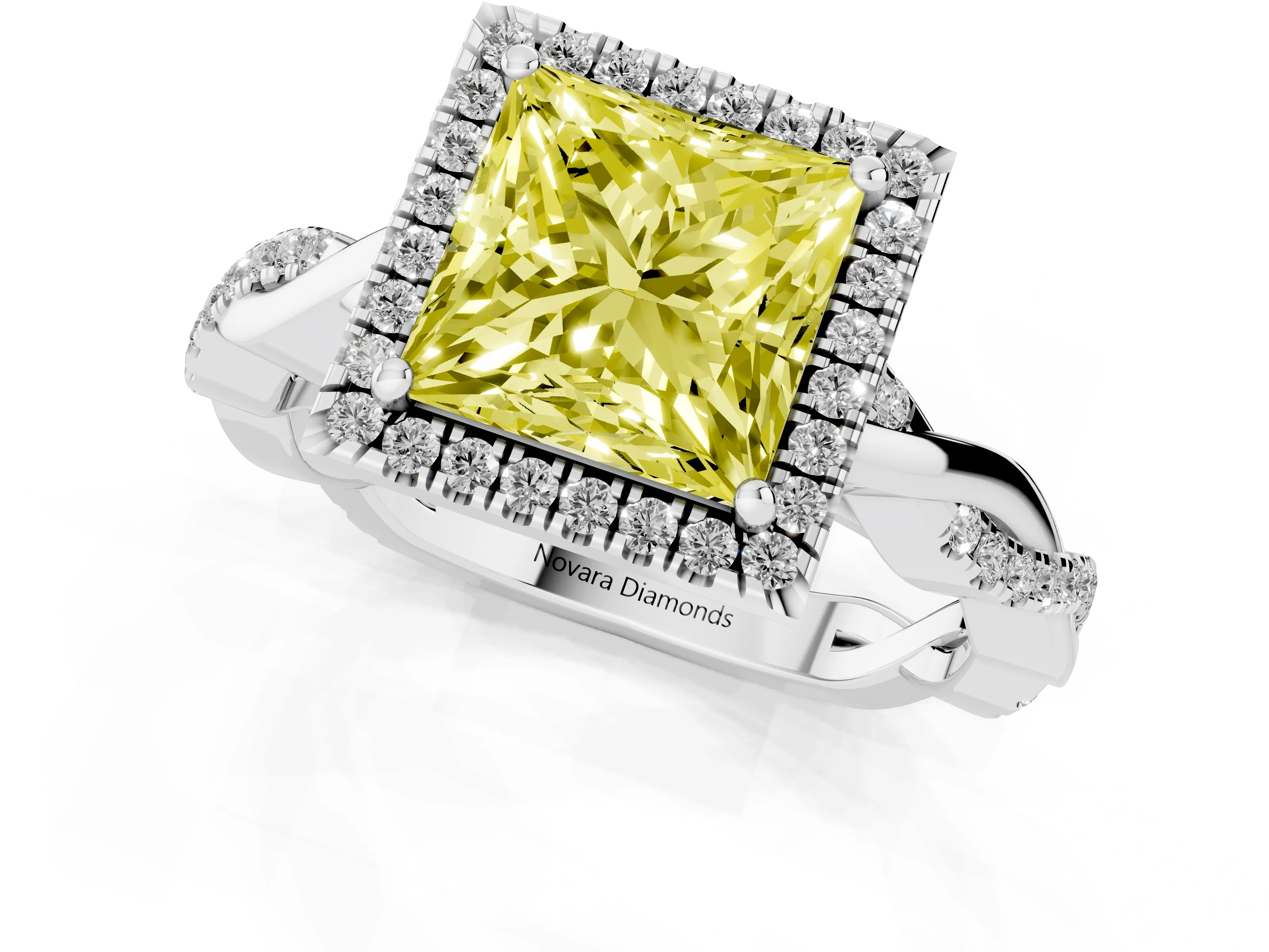 Fancy Yellow Princess Cut Diamond Halo Twisted Band Ring Set in White gold with Prong Setting