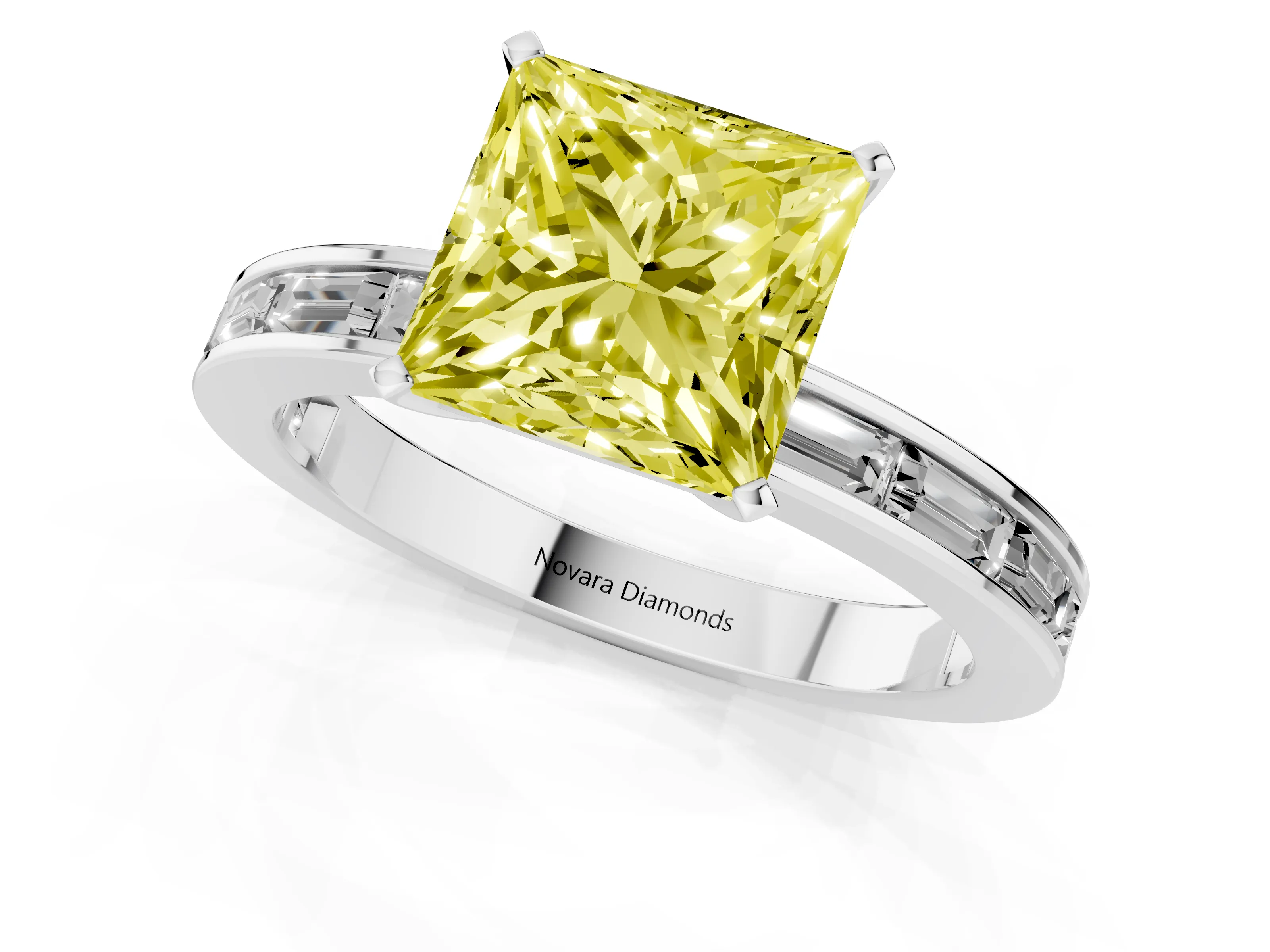Fancy Yellow Princess Cut Diamond Solitaire Ring Set in Silver with Channel-Set Baguette Band and Prong Setting