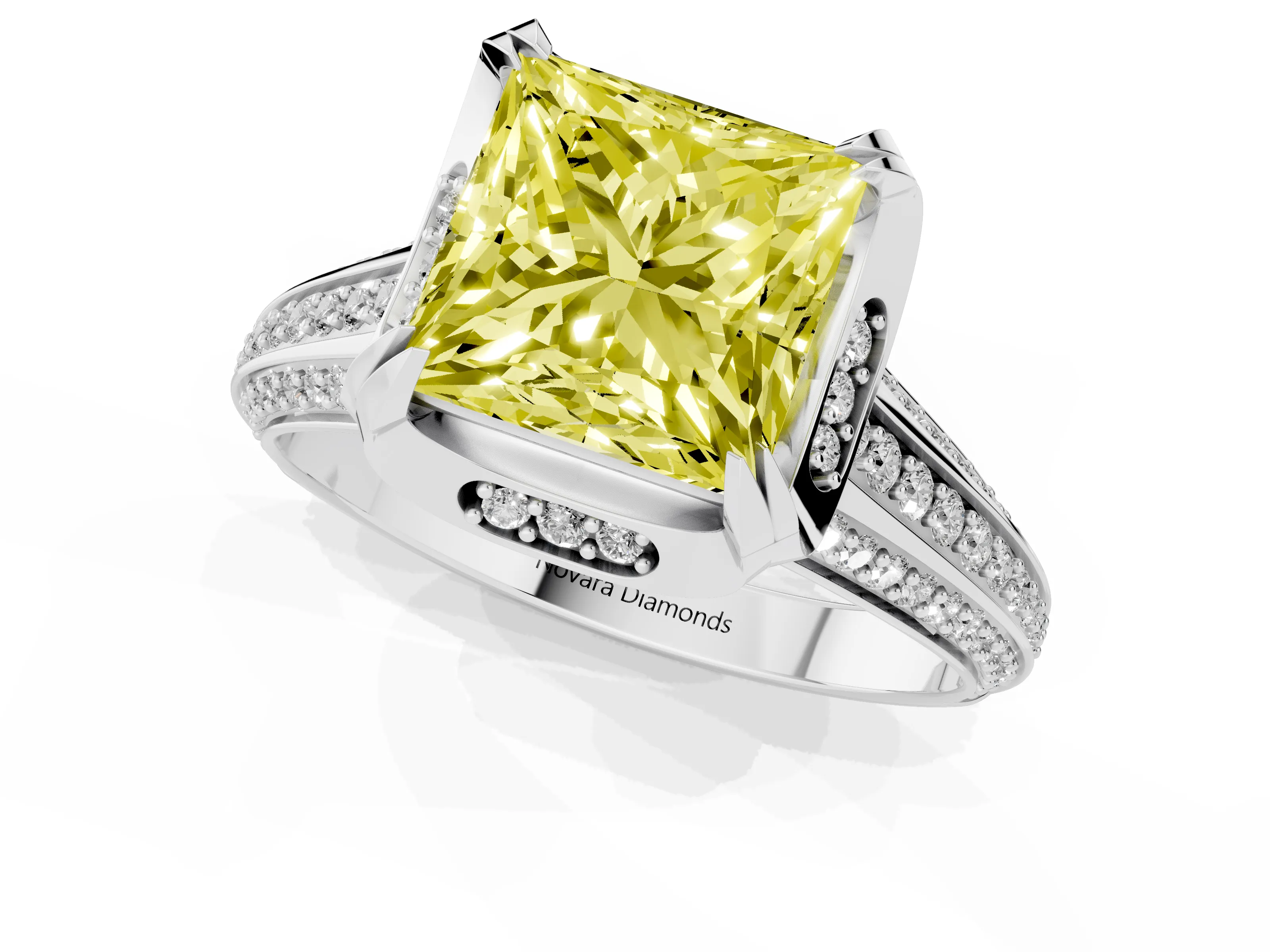 Fancy Yellow Princess Cut Diamond Pavé Split Shank Solitaire Ring Set in Silver with Prong Setting