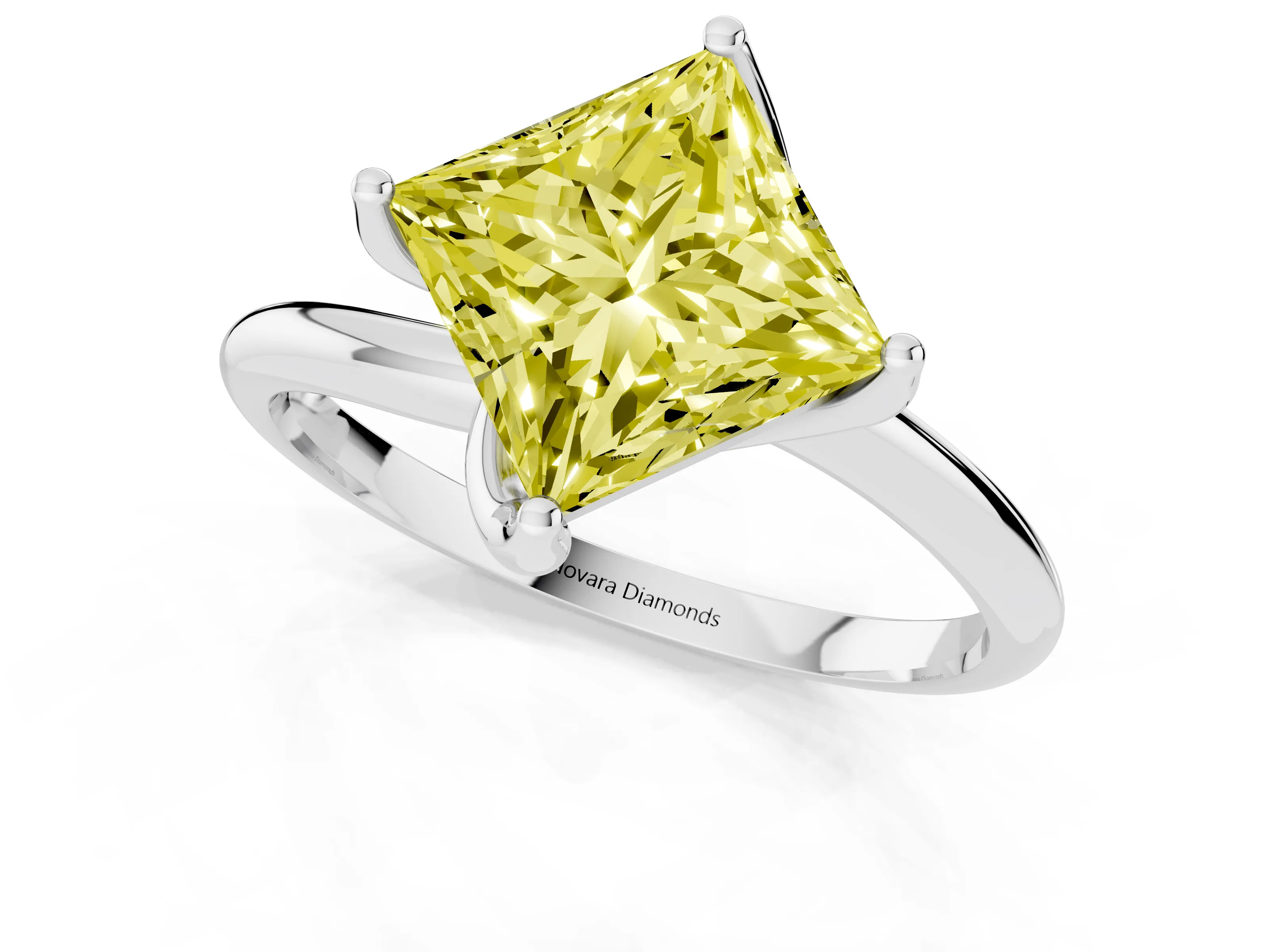 Fancy Yellow Princess Cut Diamond Solitaire Engagement Ring Set in Platinum with Classic Plain Band