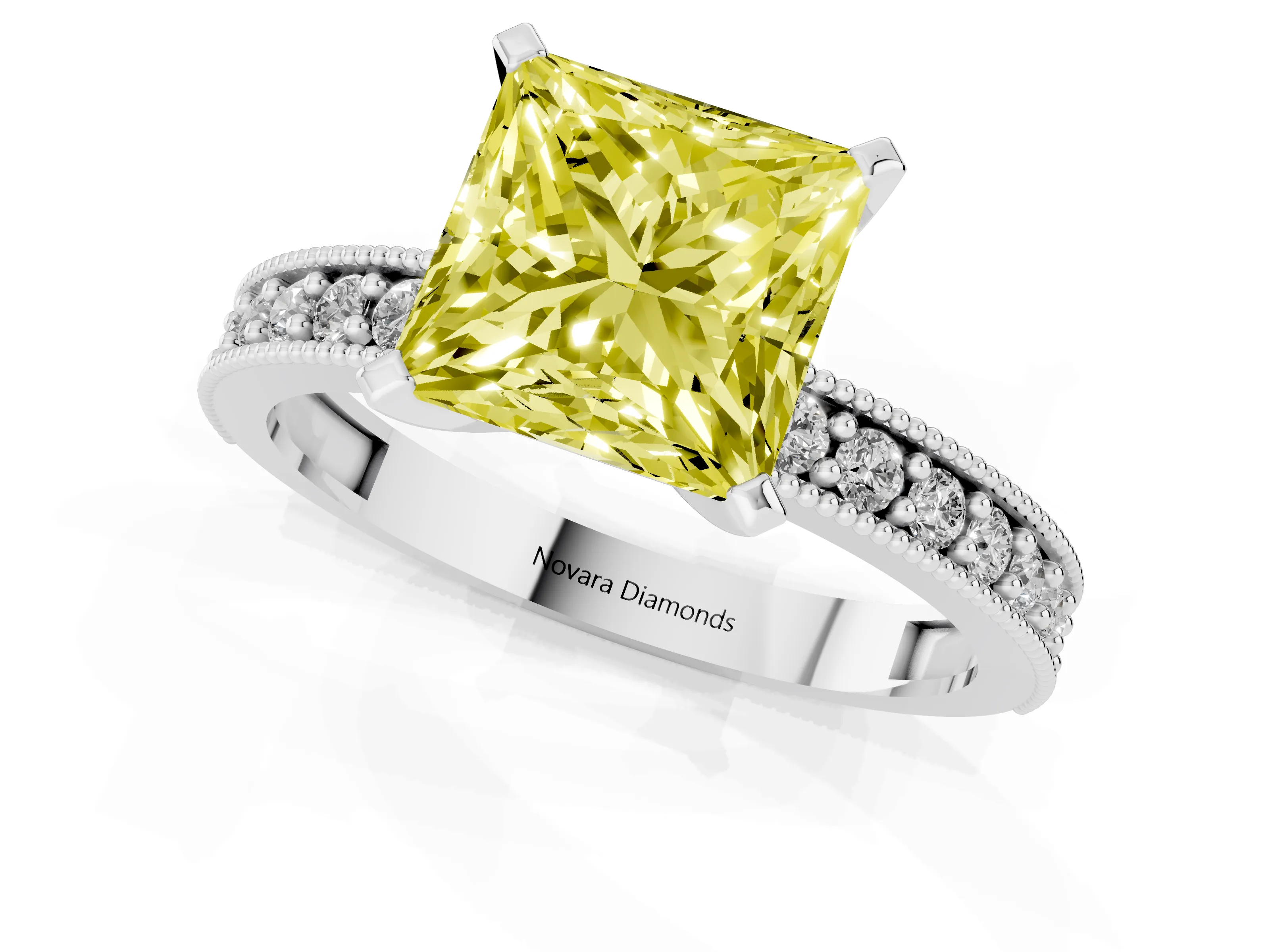 Fancy Yellow Princess Cut Diamond Milgrain Pavé Engagement Ring Set in Silver with Prong Setting