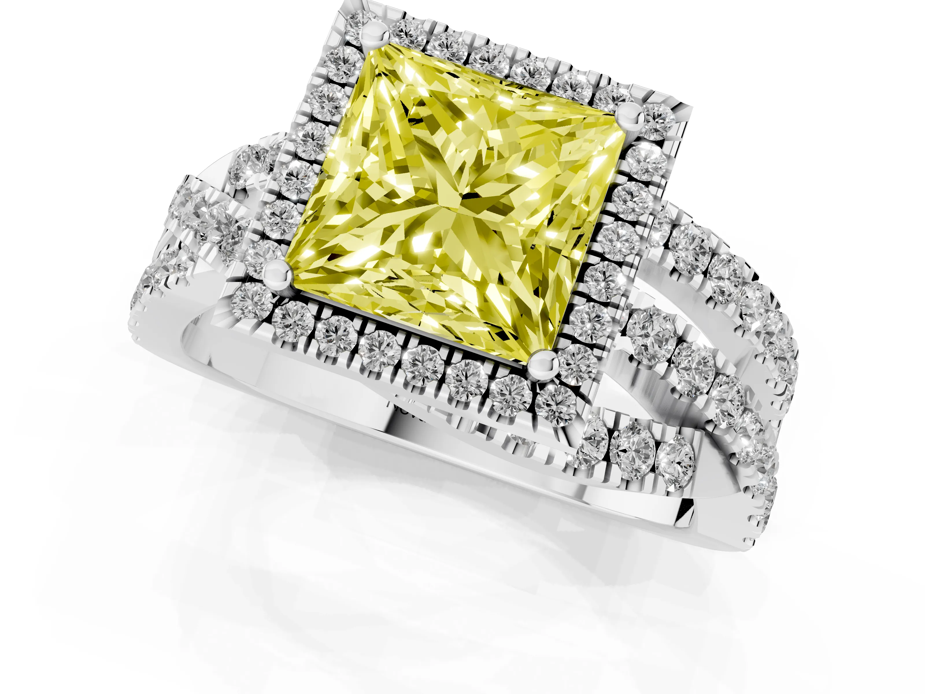 Fancy Yellow Princess Cut Diamond Halo Ring Set in Silver with Round Crossover Split Shank and Prong Setting