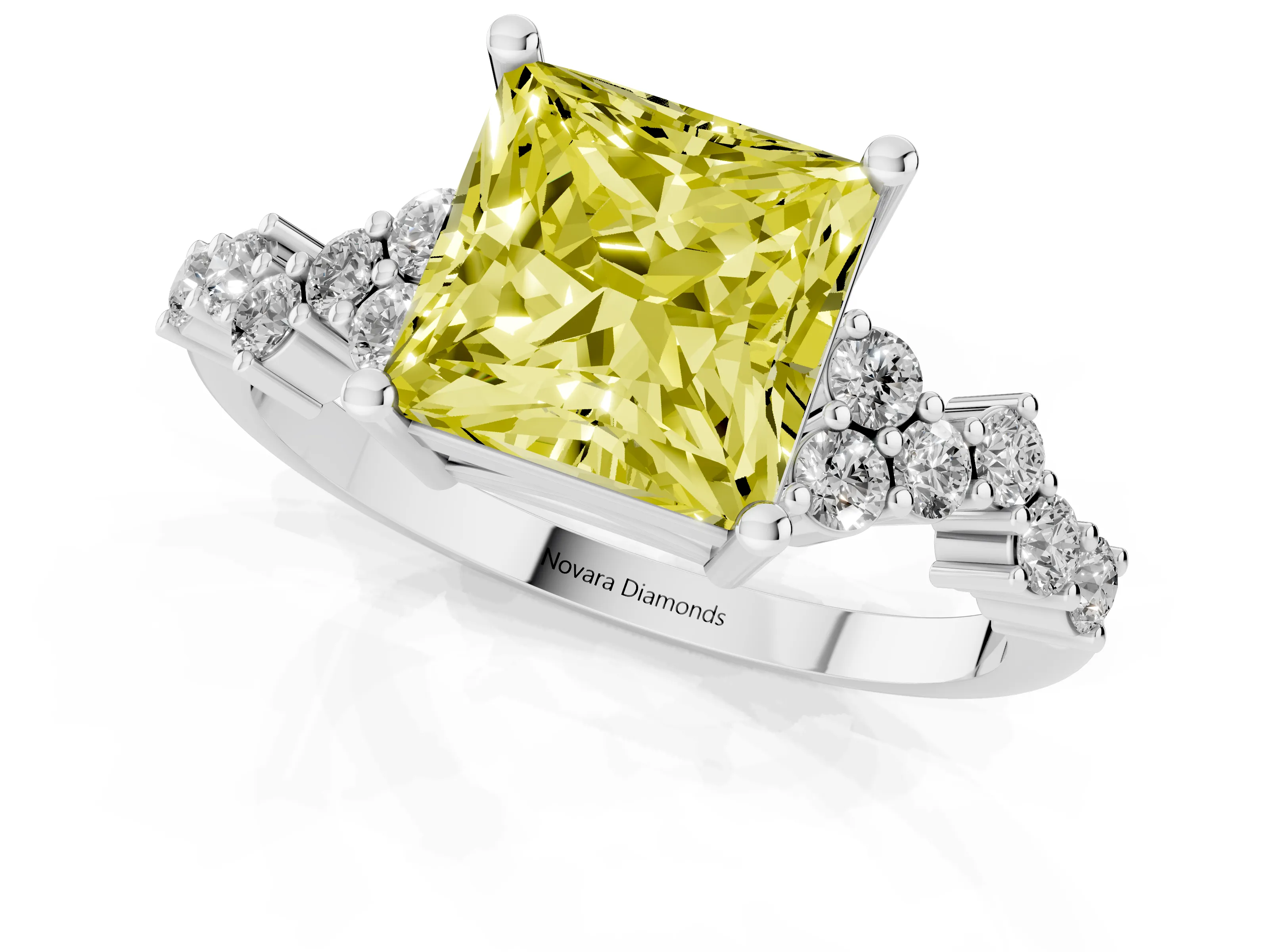 Fancy Yellow Princess Cut Diamond Ring Set in White gold with Scattered Round Accents