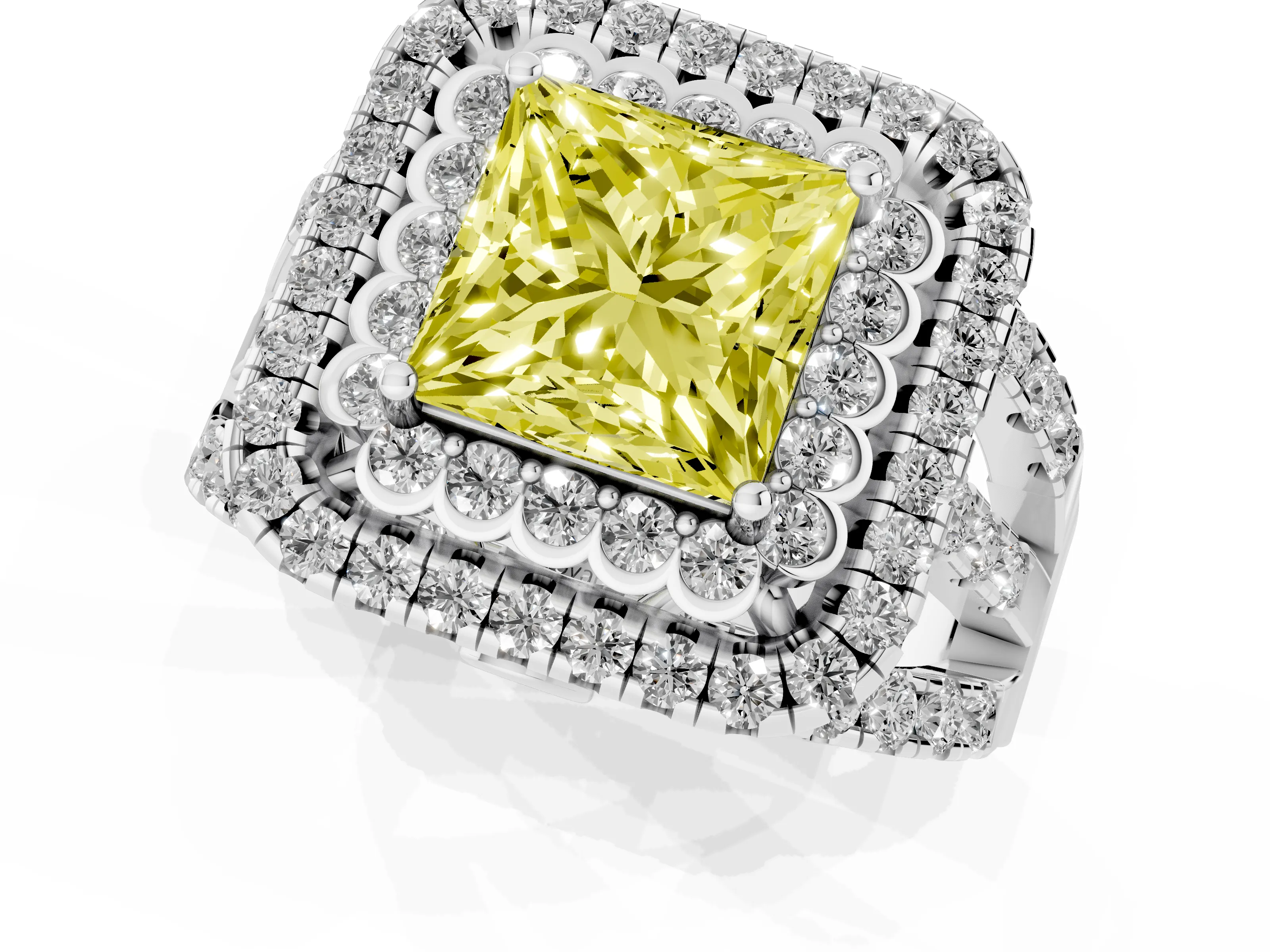 Fancy Yellow Princess Cut Diamond Double Halo Ring Set in White gold with Round Pavé Split Shank