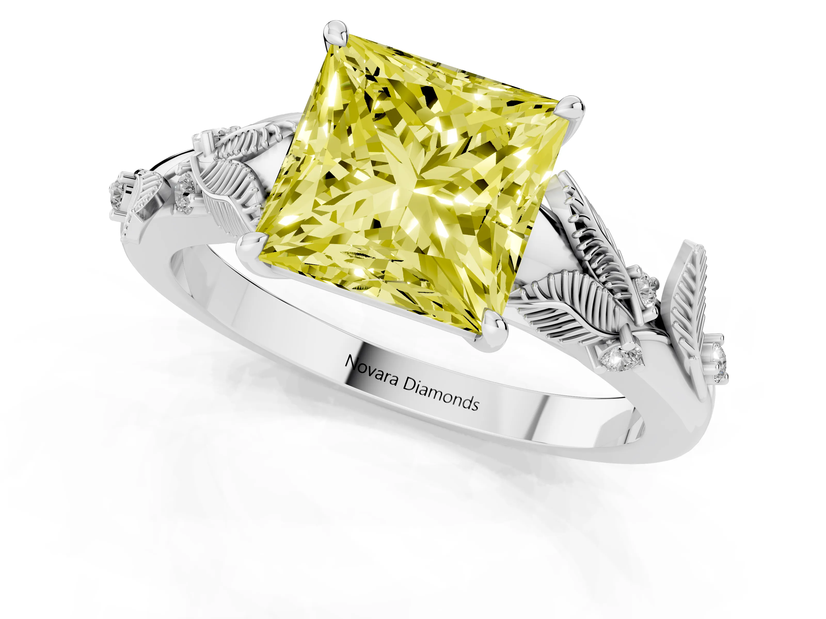 Fancy Yellow Princess Cut Diamond Solitaire Ring Set in Silver with Leaf Motif Band