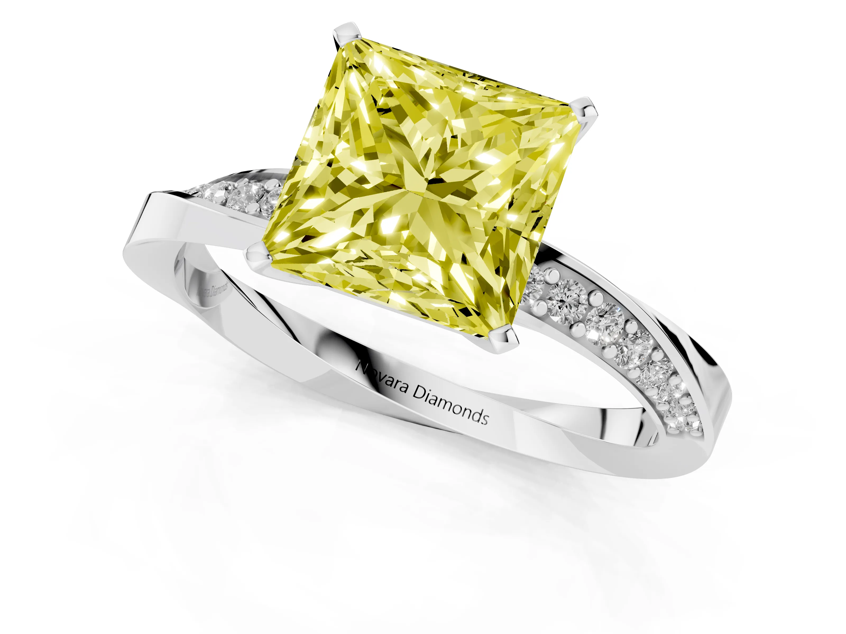 Fancy Yellow Princess Cut Diamond Engagement Ring Set in Platinum with Side Stone Accents and Prong Setting – second view