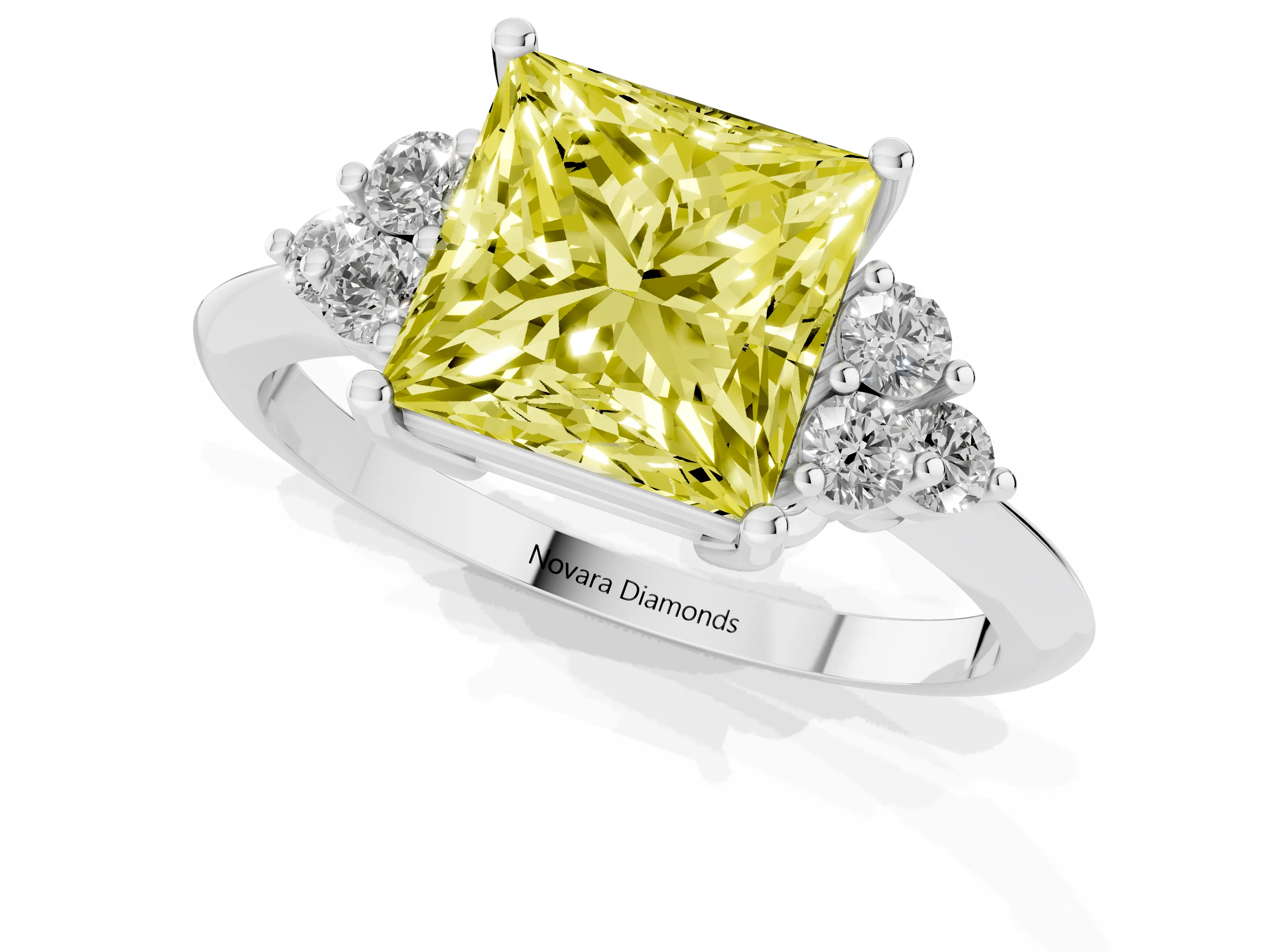 Fancy Yellow Princess Cut Diamond Cluster Ring Set in Platinum with Plain Band and Prong Setting