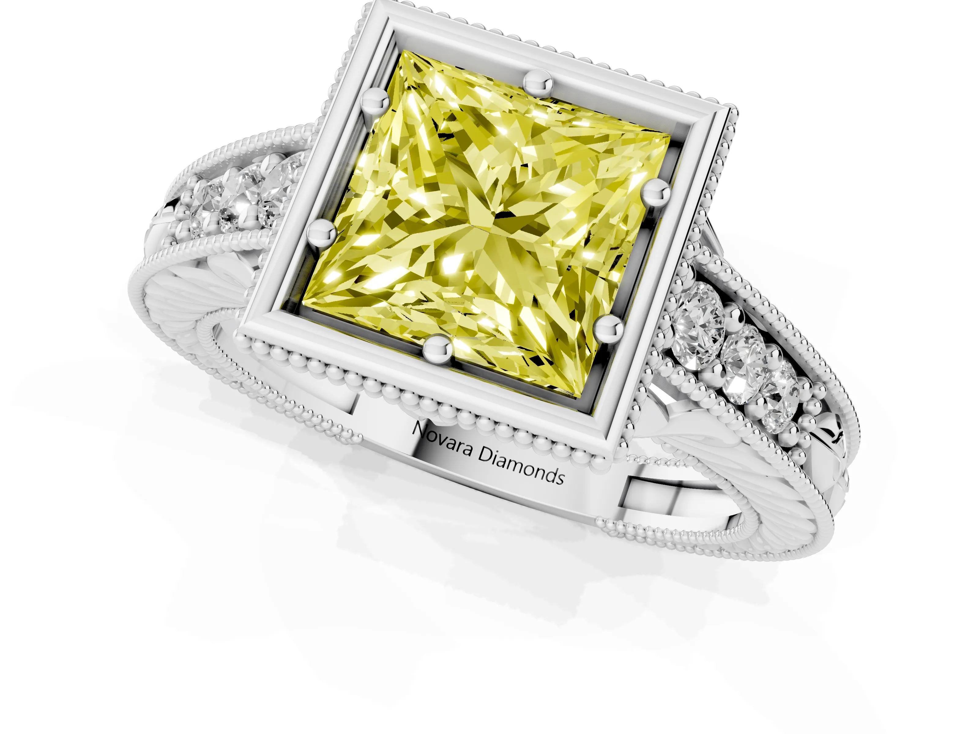 Fancy Yellow Bezel Set Princess Cut Diamond Milgrain Pavé Engagement Ring Set in Platinum