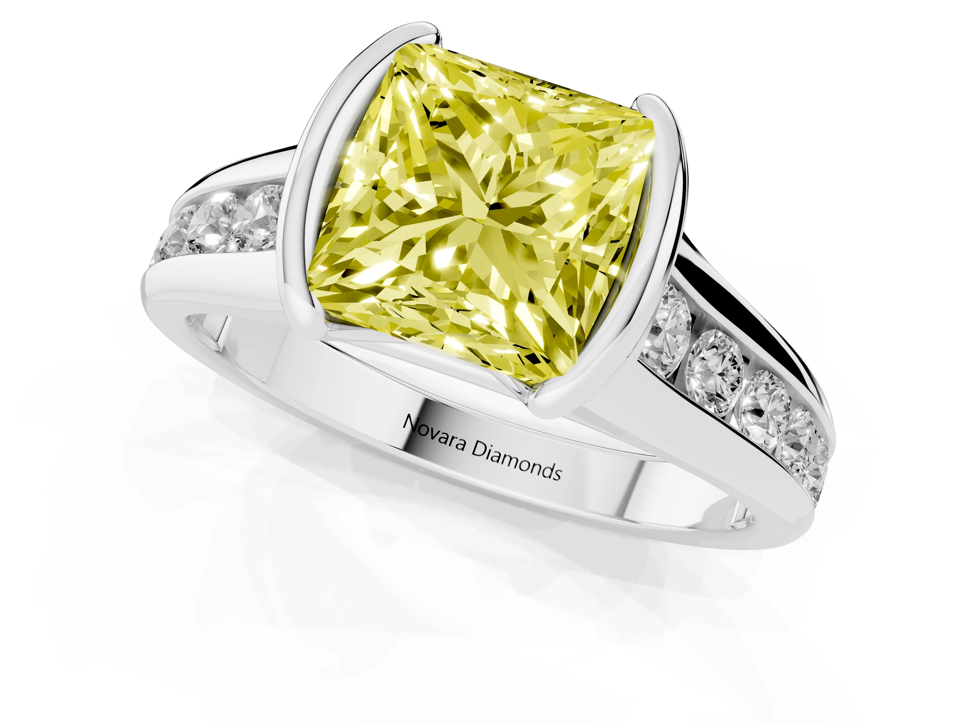 Fancy Yellow Princess Cut Diamond Bezel-Set Solitaire Ring Set in Silver with Channel-Set Band