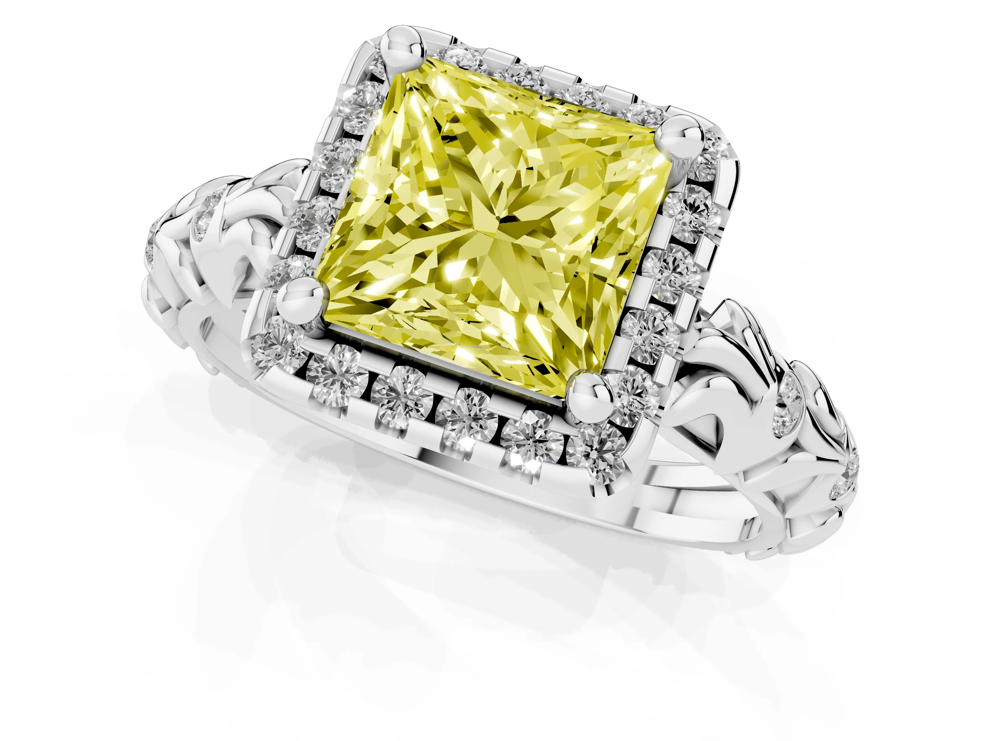 Fancy Yellow Princess Cut Diamond Halo Ring Set in Silver with Filigree Leaf Band and Prong Setting