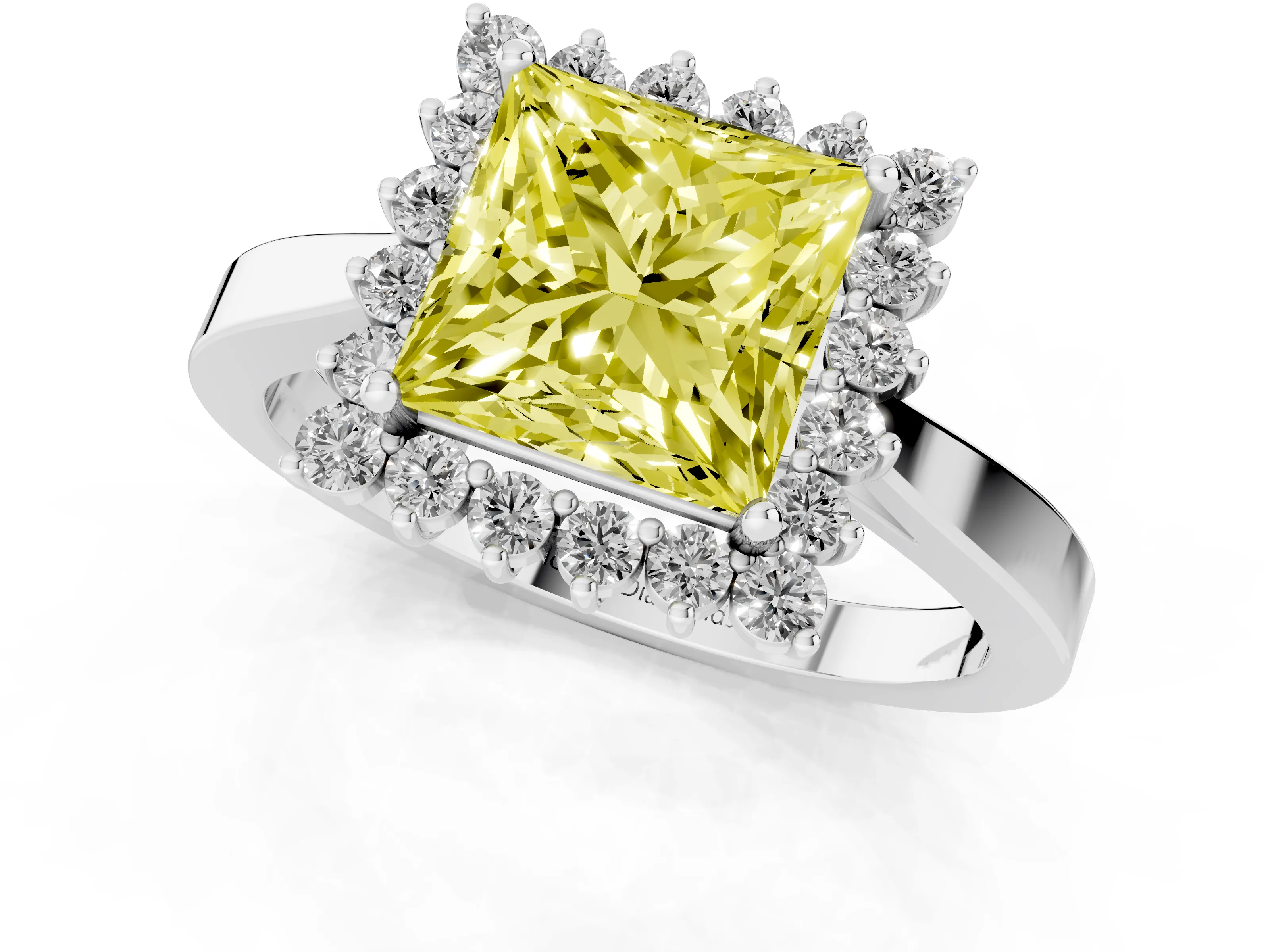 Fancy Yellow Princess Cut Diamond Halo Ring Set in White gold with Round Halo and Smooth Solitaire Band