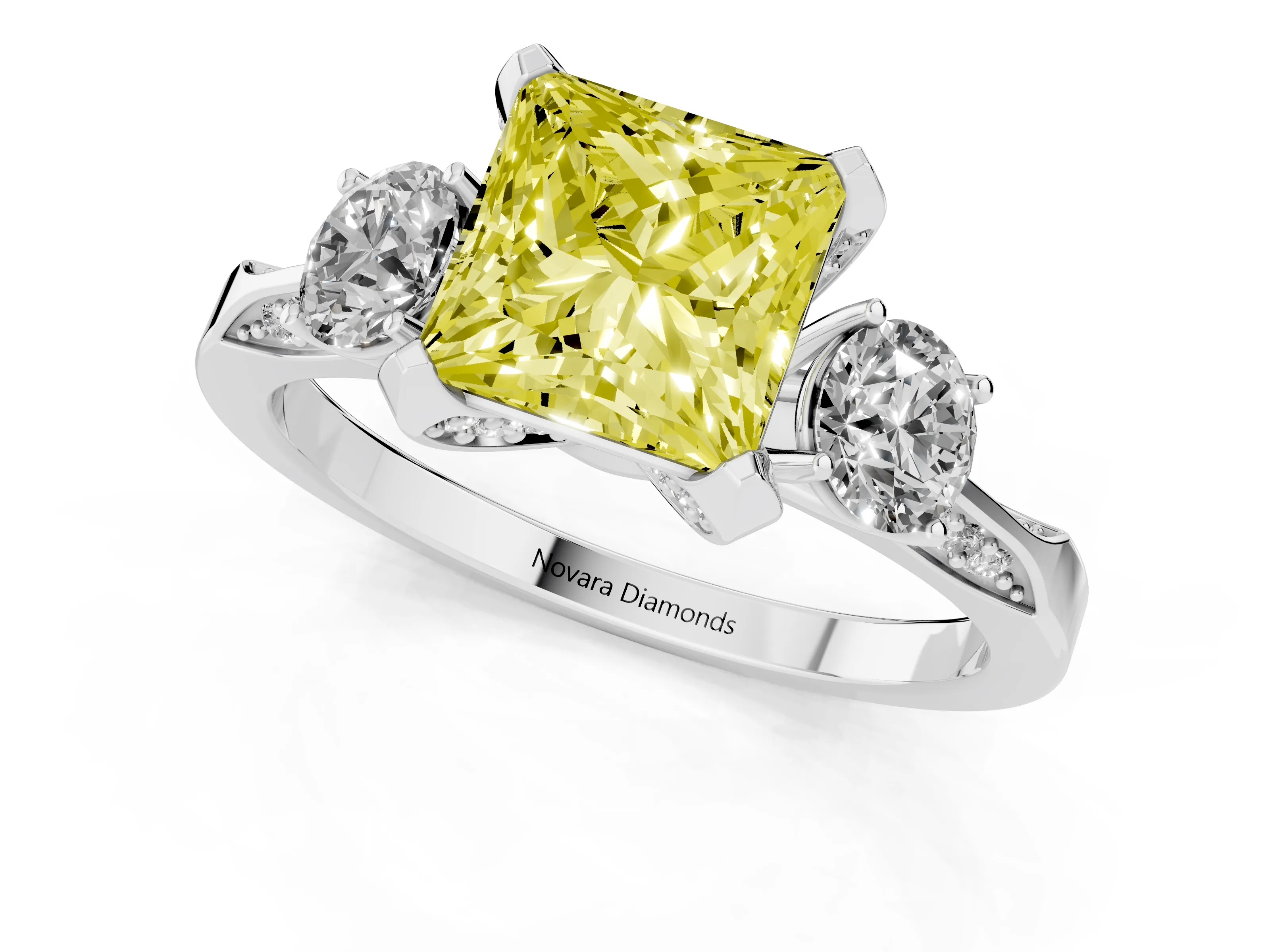 Fancy Yellow Princess Cut Diamond Three-Stone Ring Set in White gold with Pavé Band and Smaller Side Stones