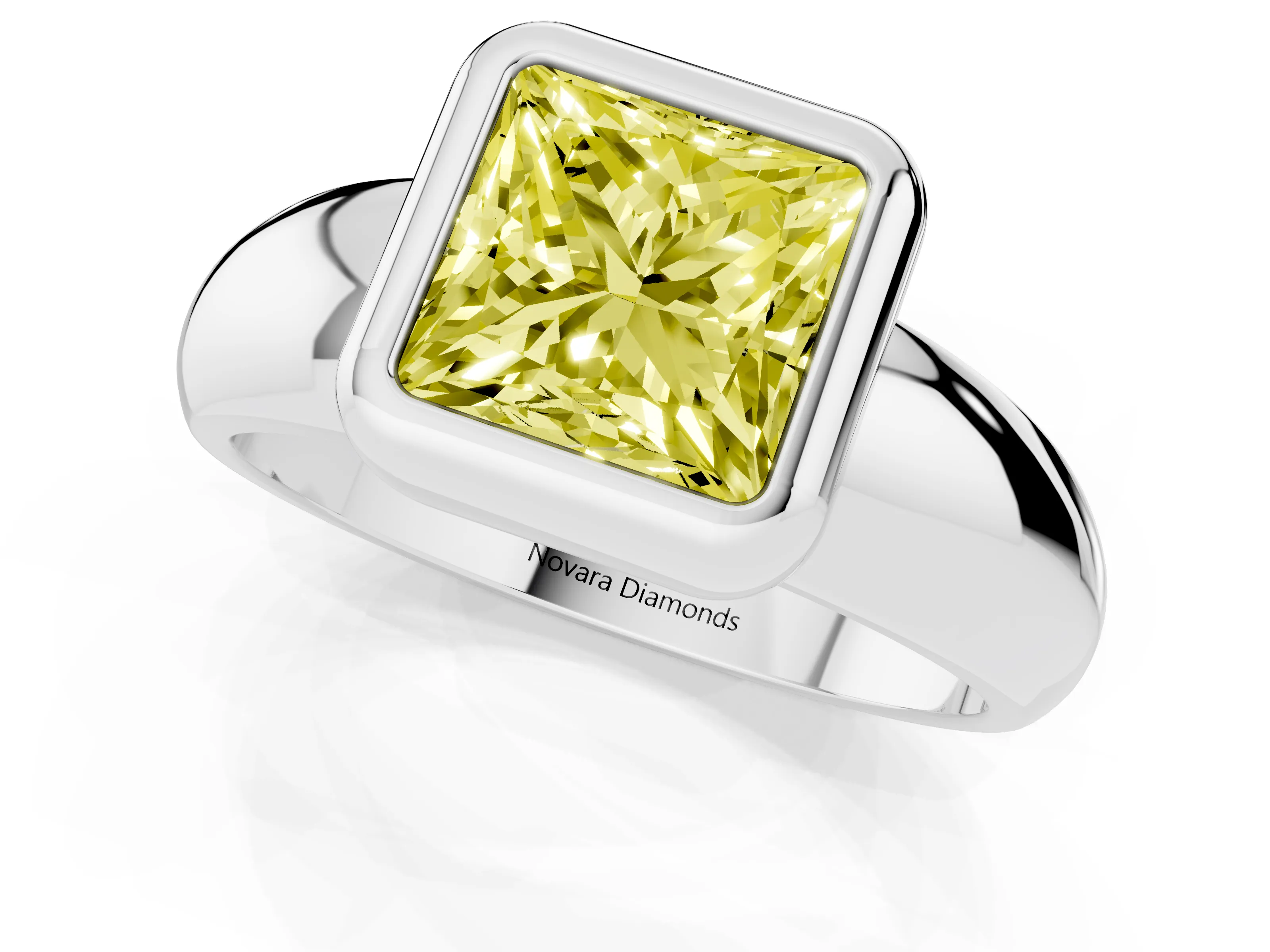 Fancy Yellow Bezel Set Princess Cut Diamond Solitaire Ring Set in White gold with Wide Band