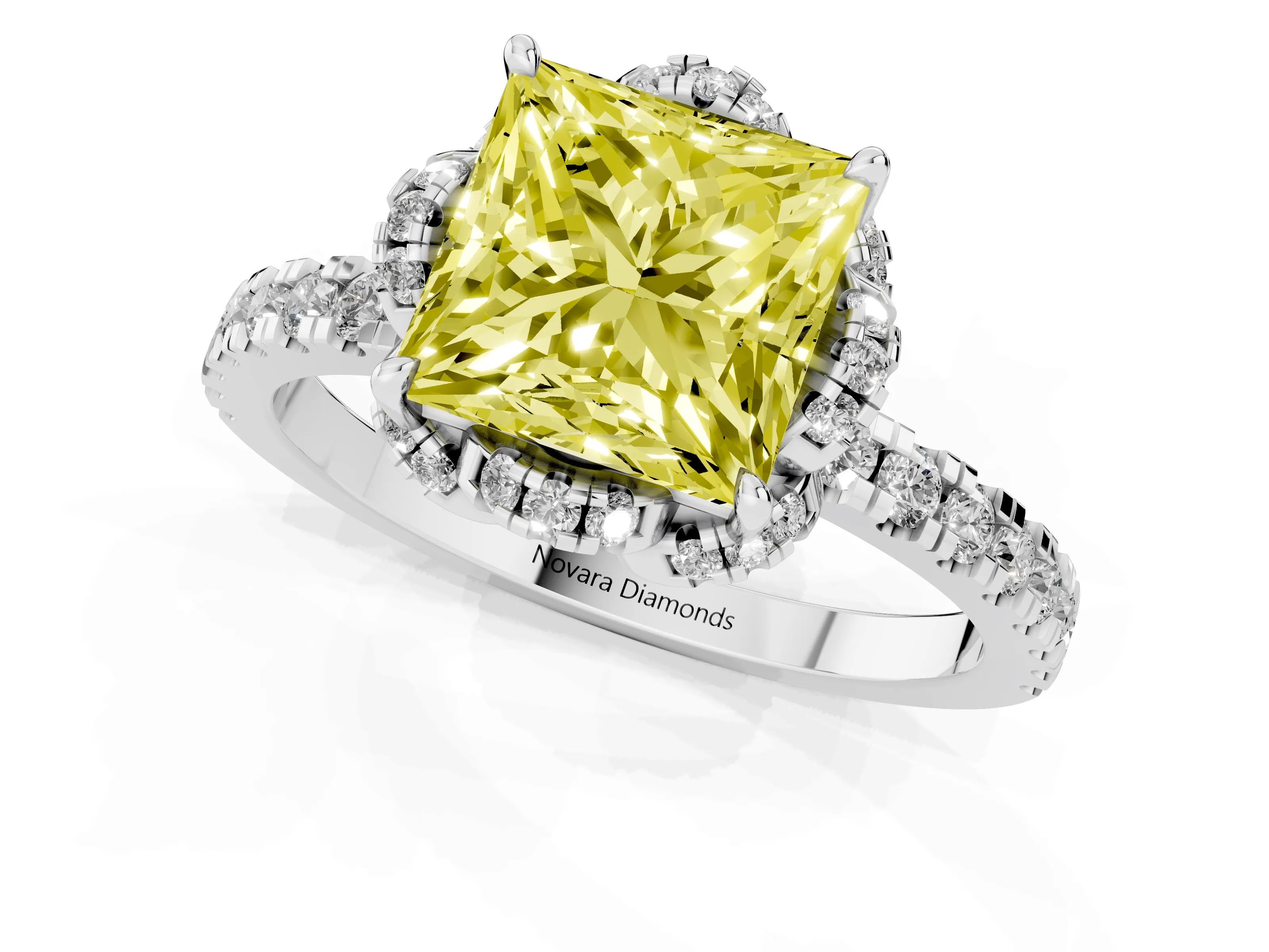 Fancy Yellow Princess Cut Diamond Halo Pavé Band Ring Set in White gold with Prong-Held Center