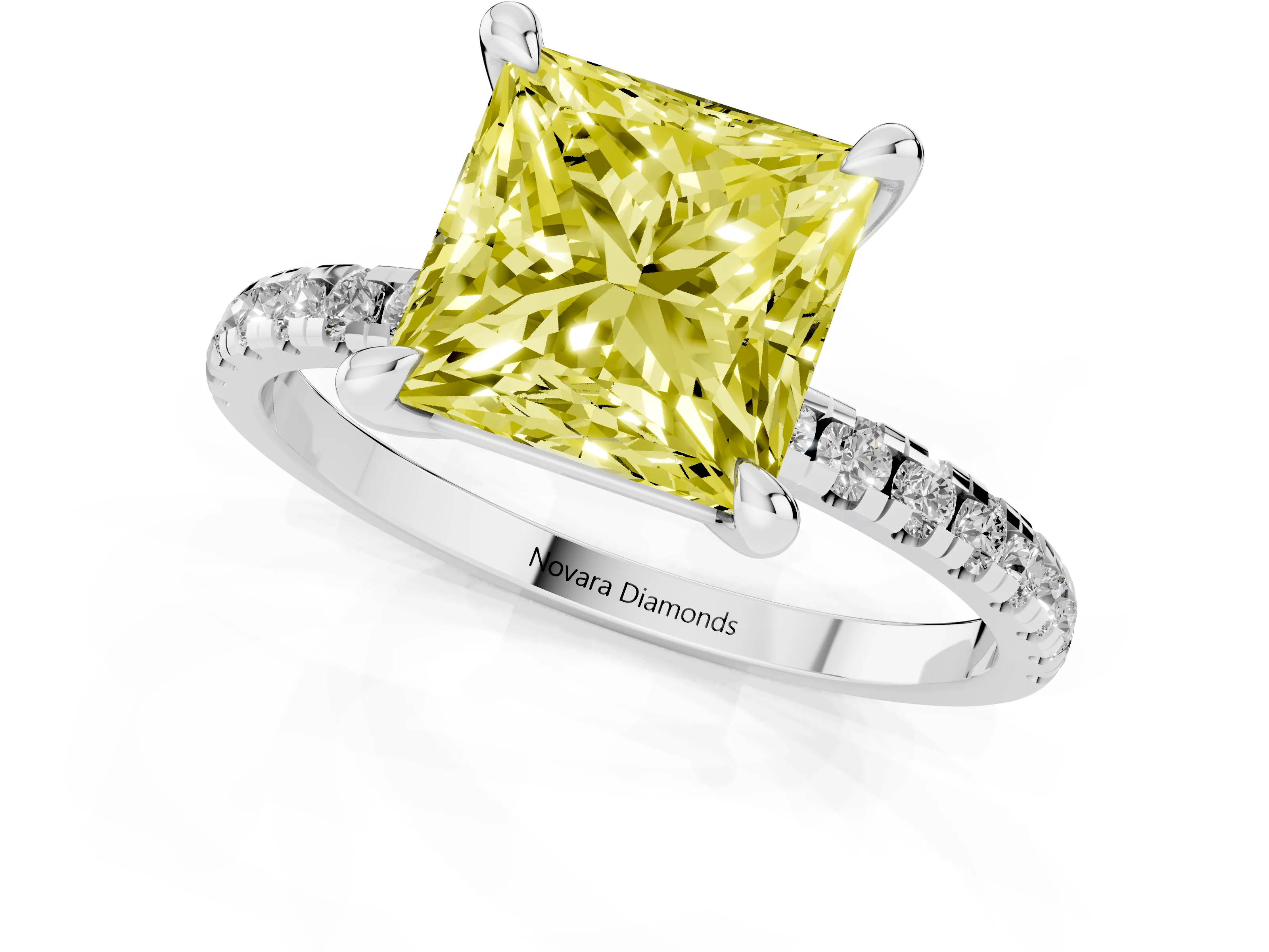 Fancy Yellow Princess Cut Diamond Brilliant Solitaire Ring Set in White gold with Pavé Band and Prong Setting