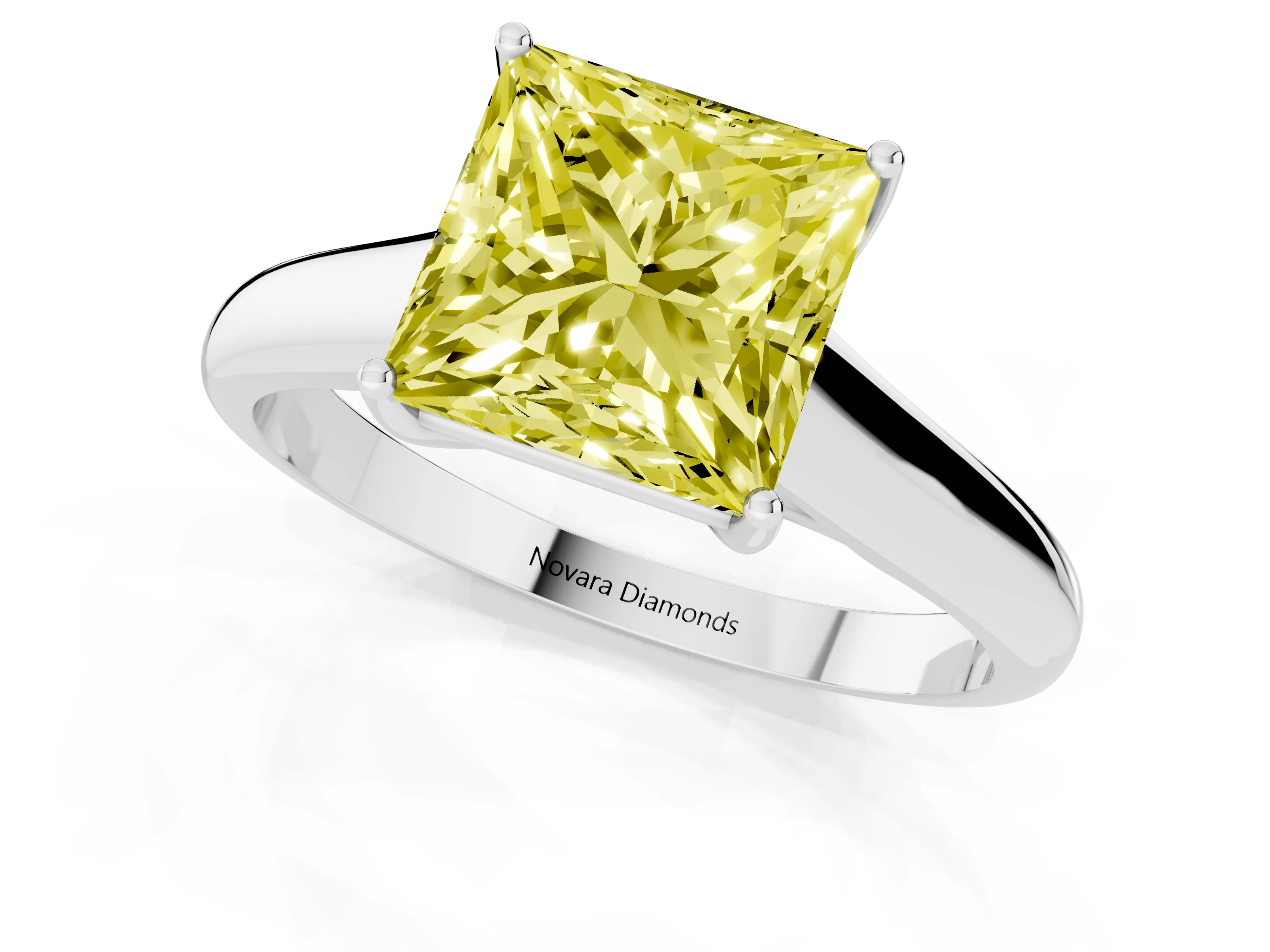 Fancy Yellow Princess Cut Diamond Solitaire Engagement Ring Set in Silver with Subtly Tapered Band and Prong Setting