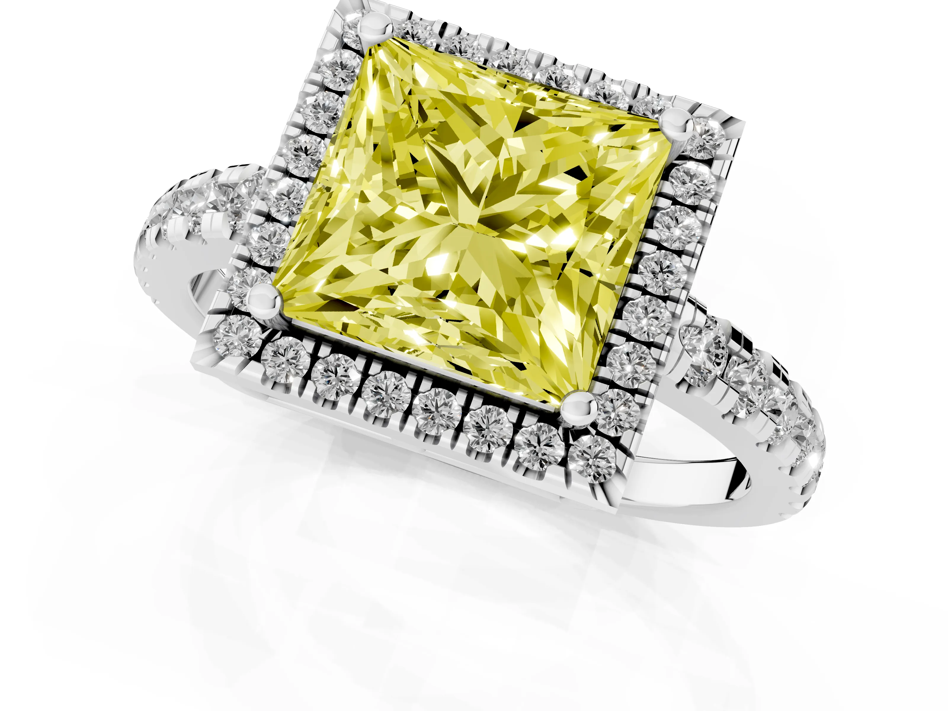 Fancy Yellow Princess Cut Diamond Halo Ring Set in Silver with Delicate Pavé Band and Prong Setting