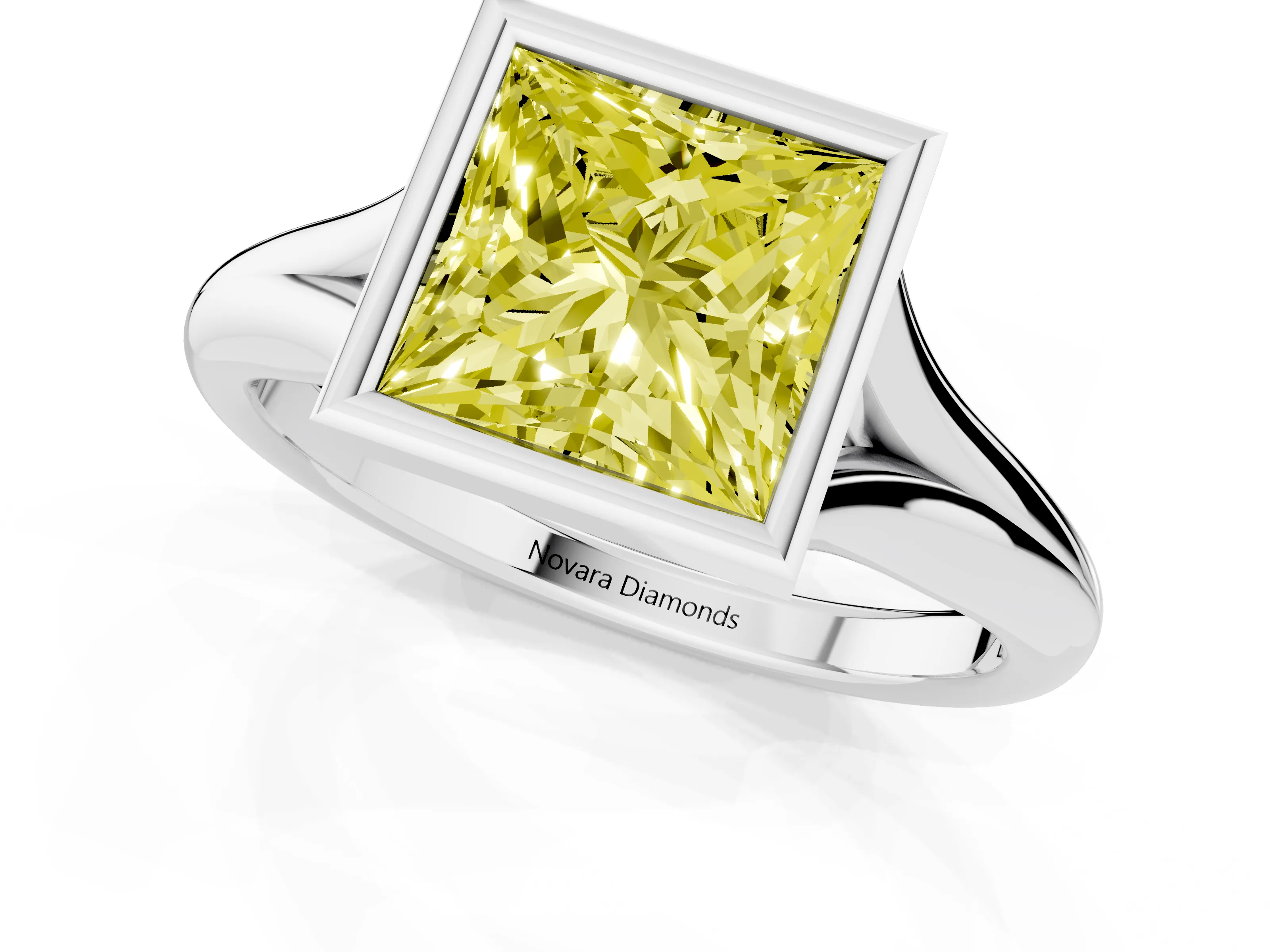 Fancy Yellow Bezel Set Princess Cut Diamond Solitaire Ring Set in Platinum with Smooth Band