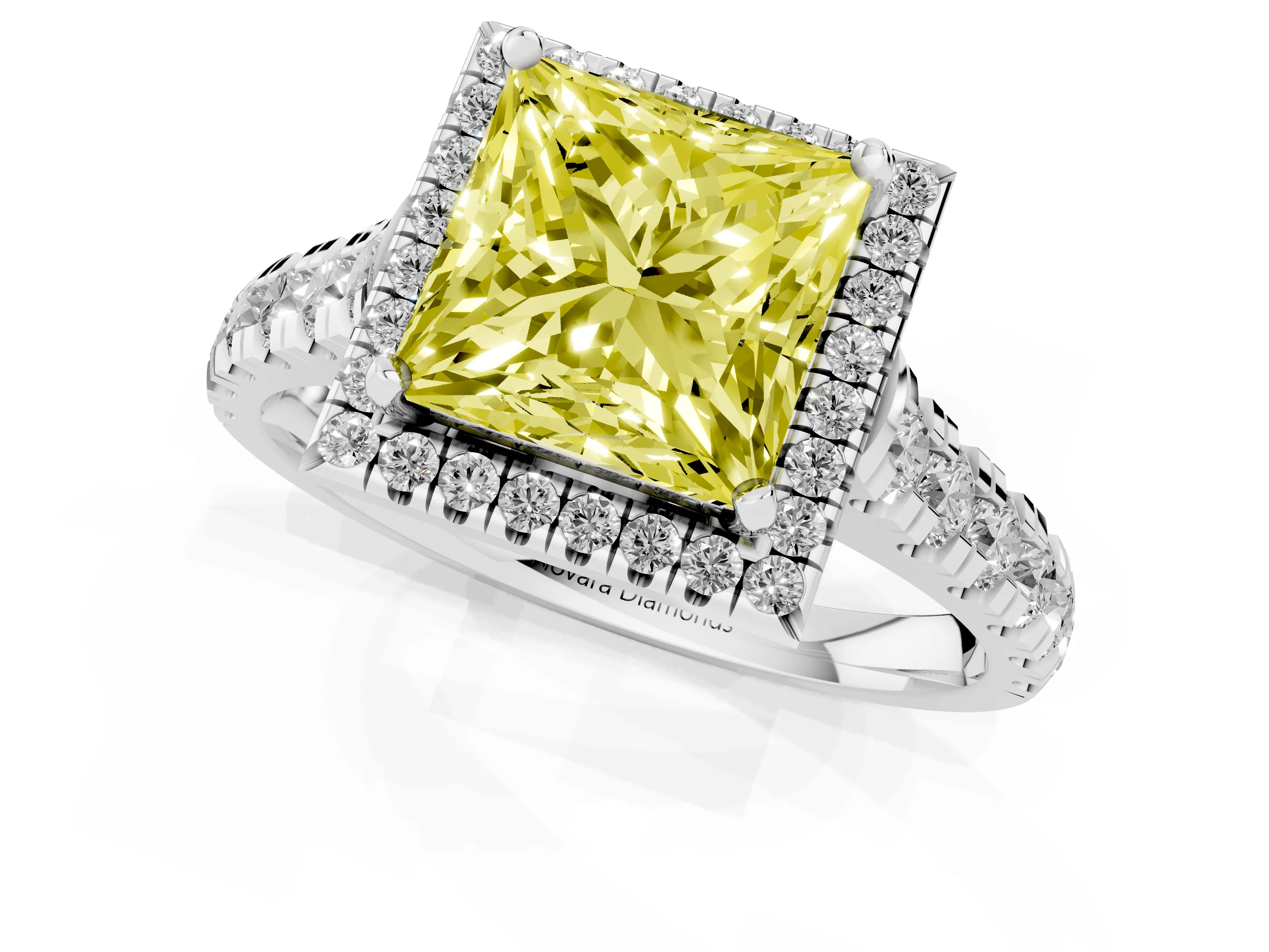 Fancy Yellow Princess Cut Diamond Halo Engagement Ring Set in Platinum with Pavé Band and Prong-Set Center