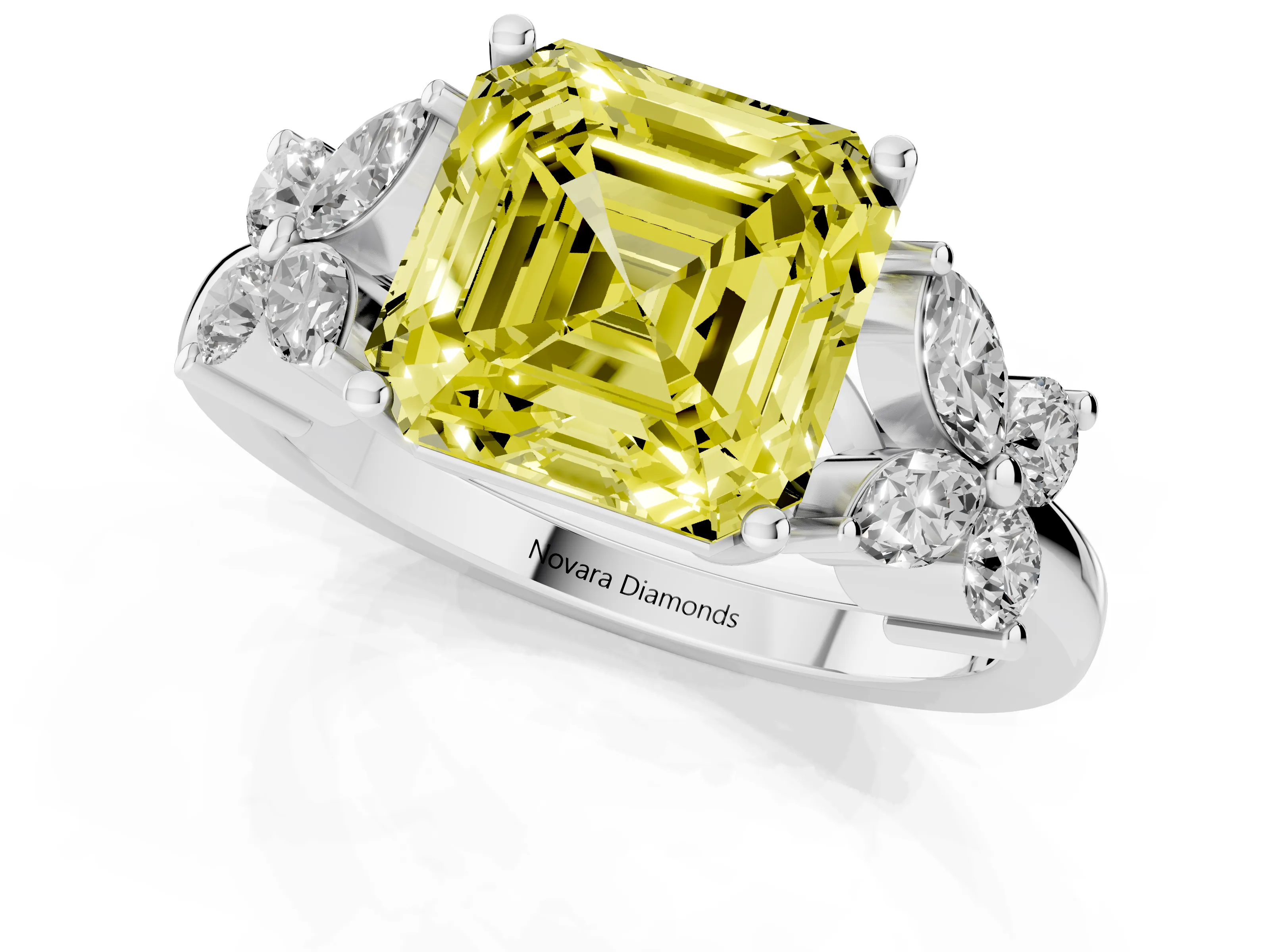 Fancy Yellow Princess Cut Diamond Floral Cluster Ring Set in Silver with Marquise Petals and Prong Setting