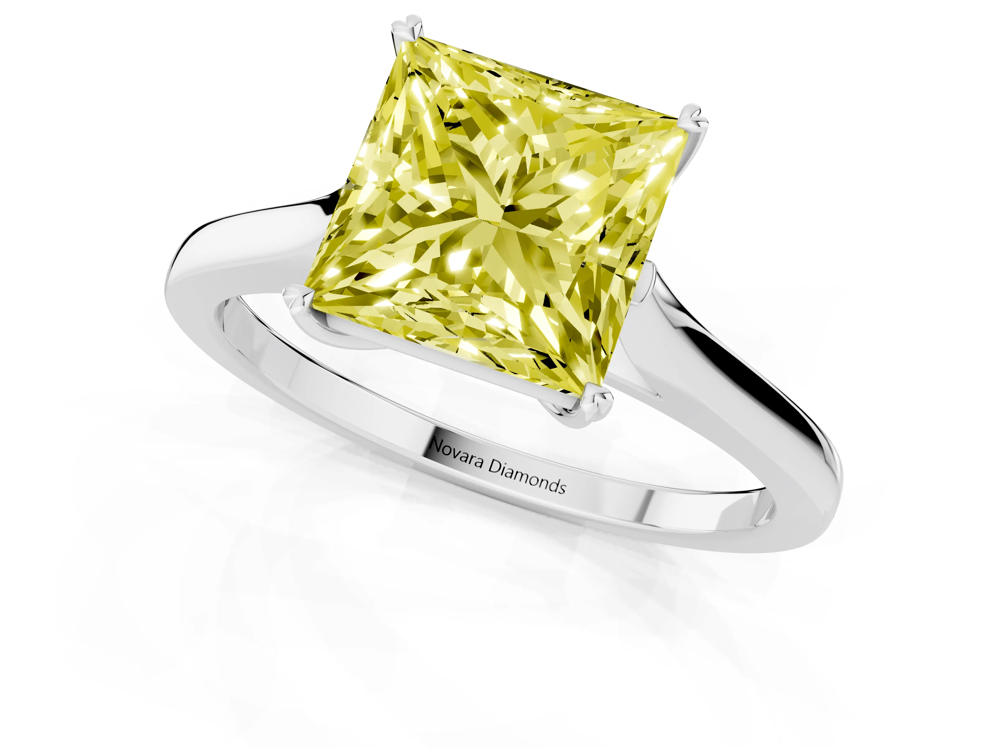 Fancy Yellow Princess Cut Diamond Solitaire Heart Prong Engagement Ring Set in White gold with Tapered Band