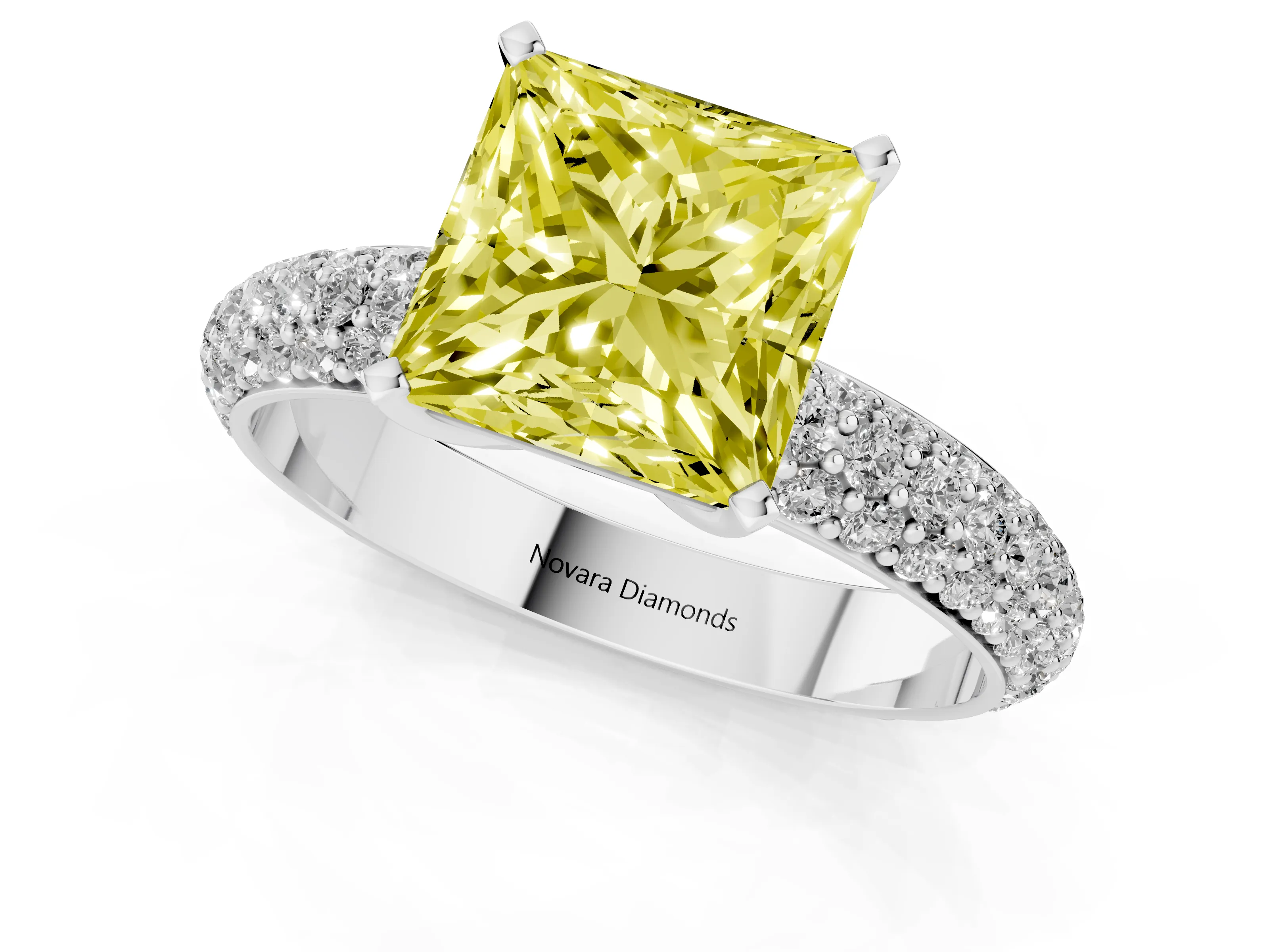 Fancy Yellow Princess Cut Diamond Solitaire Ring Set in Platinum with Prong Setting and Pavé-Set Band