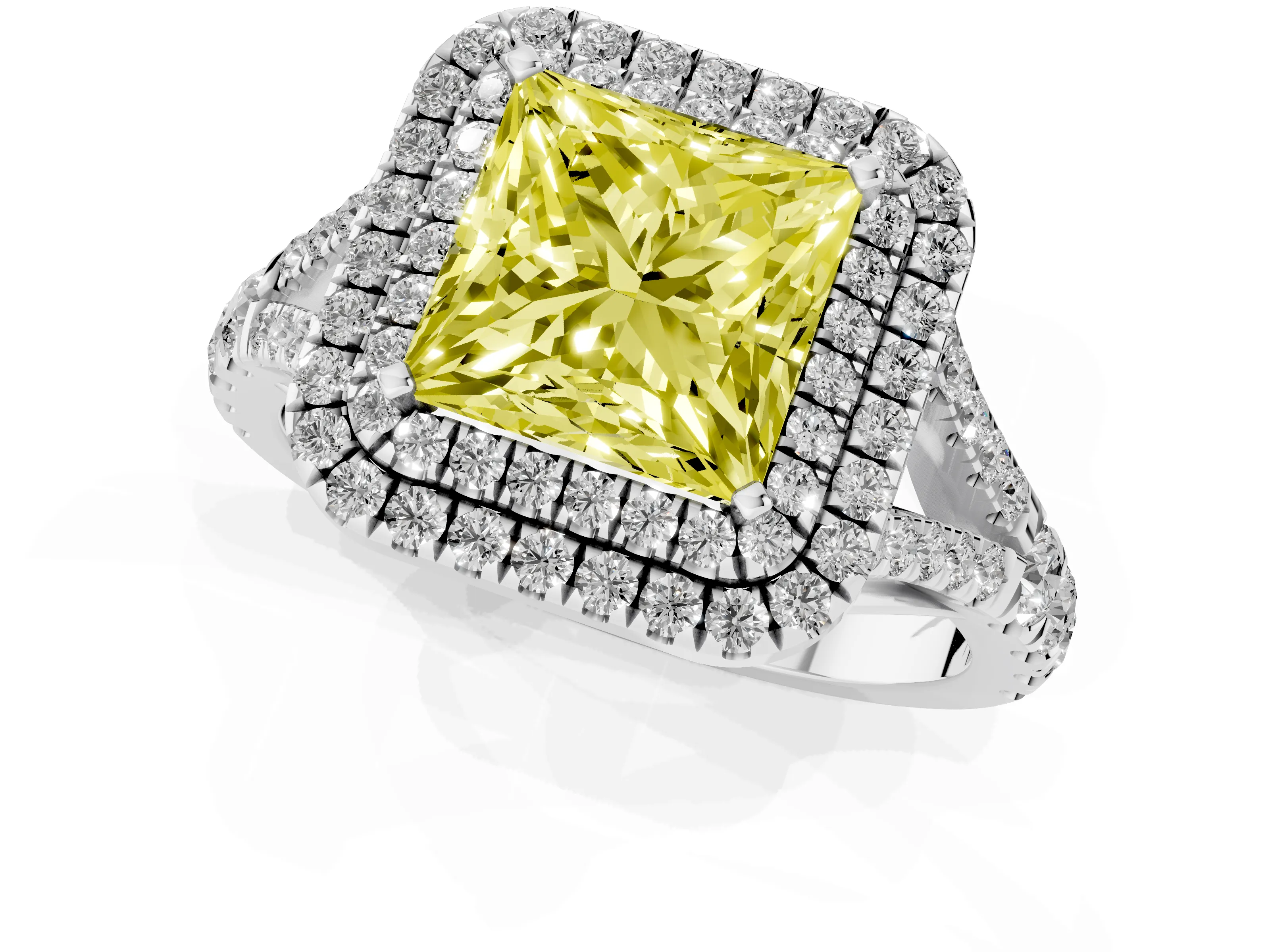 Fancy Yellow Princess Cut Diamond Pavé Split Shank Double Halo Engagement Ring Set in Platinum