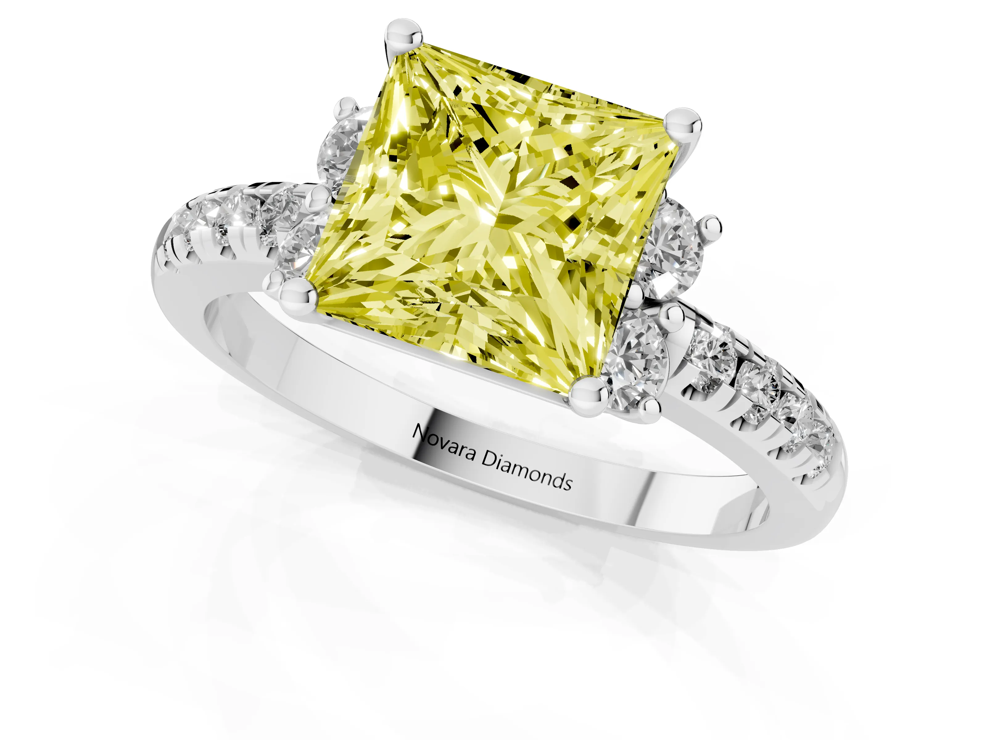 Fancy Yellow Princess Cut Diamond Three-Stone Pavé Ring Set in Silver with Prong Setting