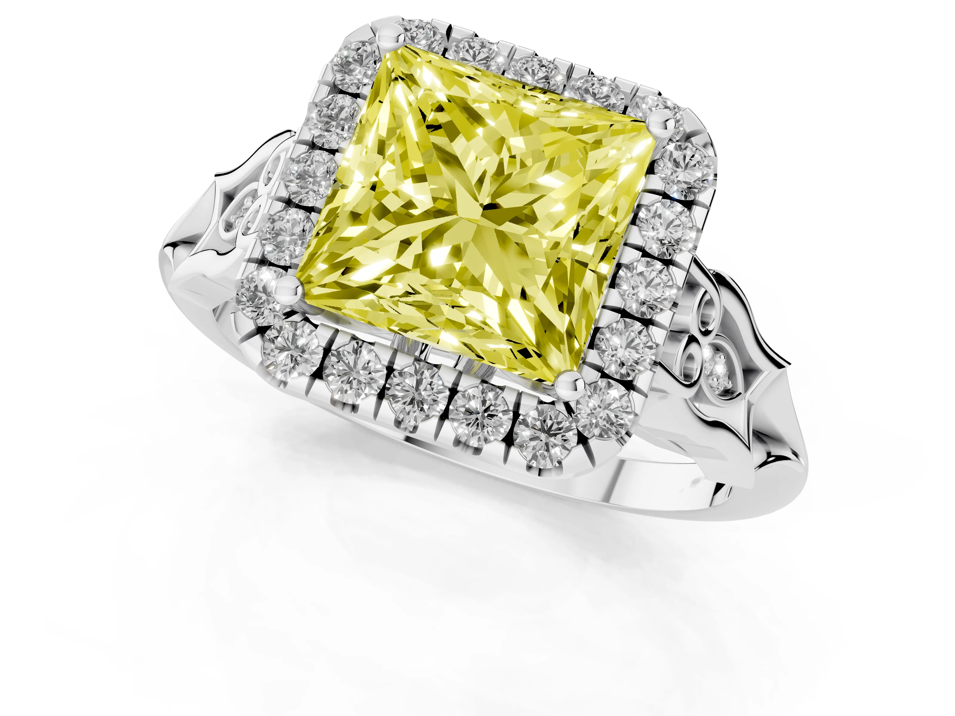 Fancy Yellow Princess Cut Diamond Halo Engagement Ring Set in White gold with Filigree Band and Prong-Set Center