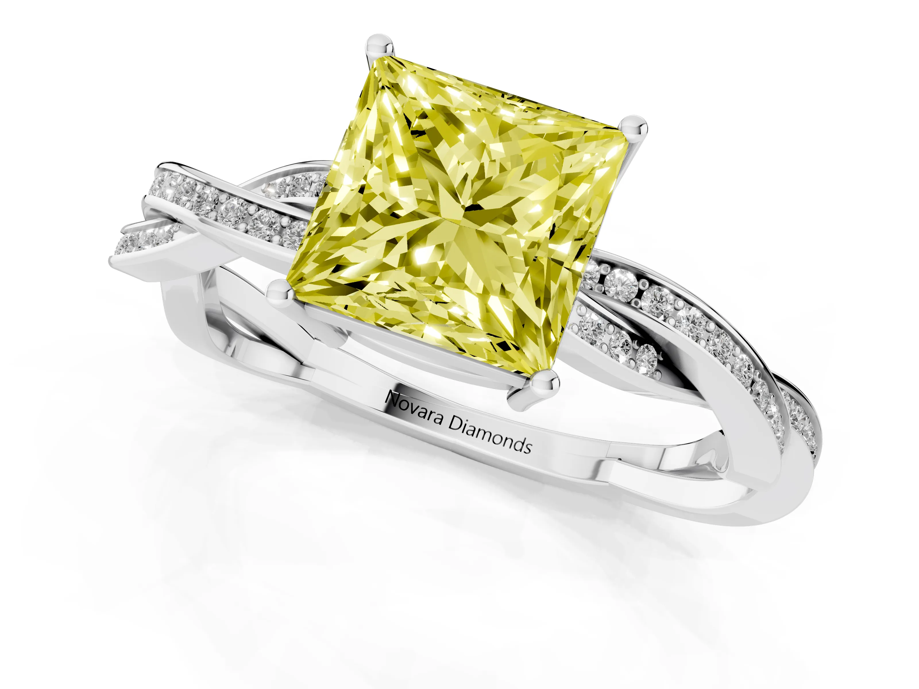 Fancy Yellow Princess Cut Diamond Solitaire Twisted Pavé Ring Set in Silver with Prong Setting