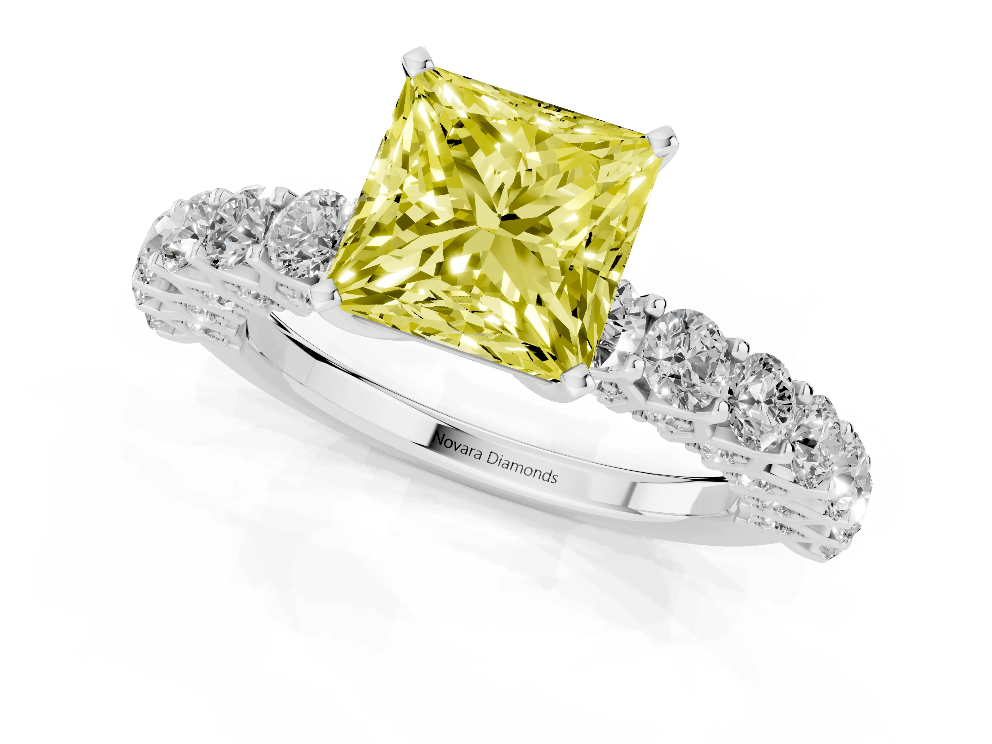 Fancy Yellow Princess Cut Diamond Solitaire Ring Set in Silver with Shared Prong Pavé Band