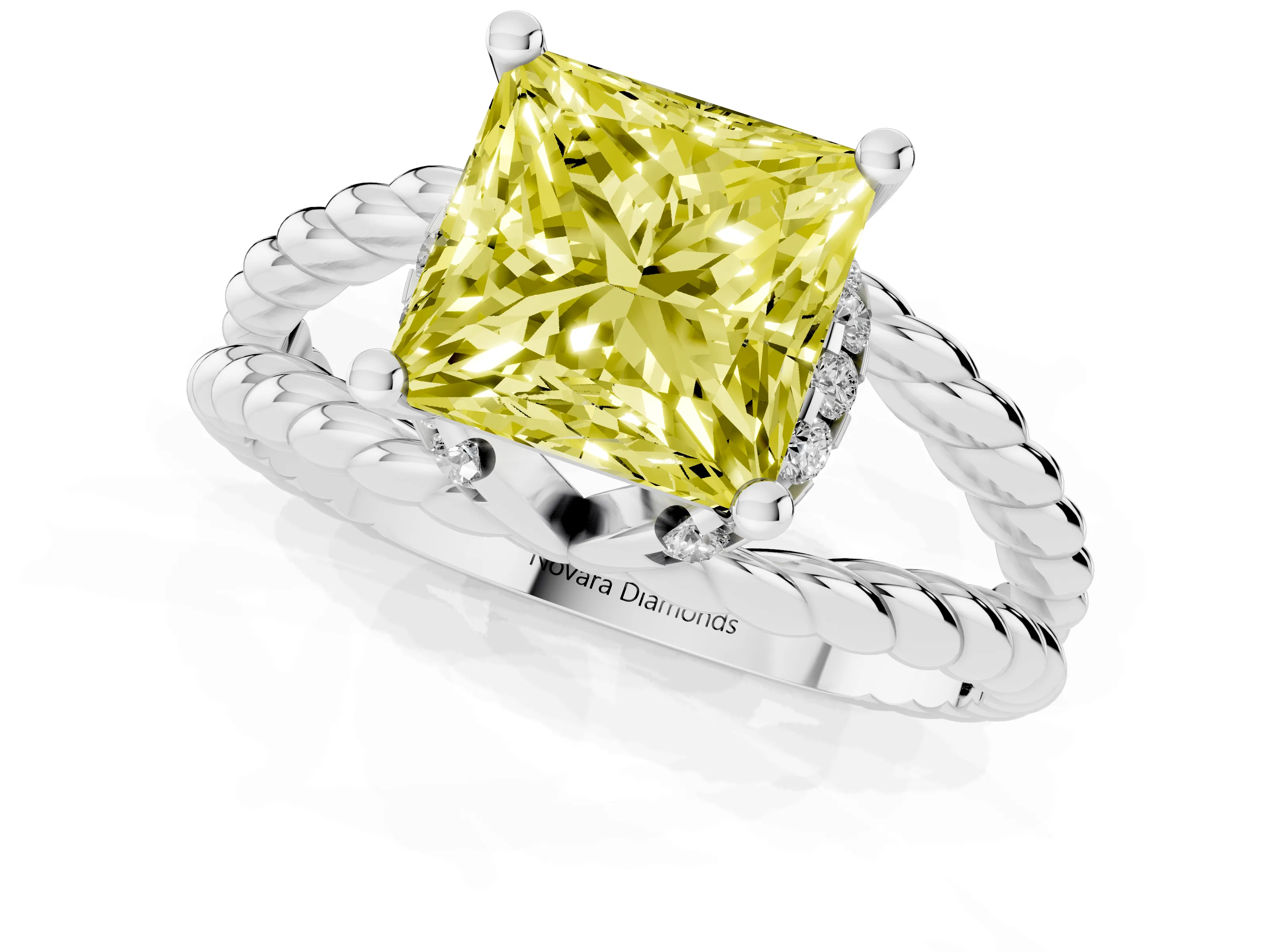 Fancy Yellow Princess Cut Diamond Halo Ring Set in White gold with Twisted Band and Prong Setting