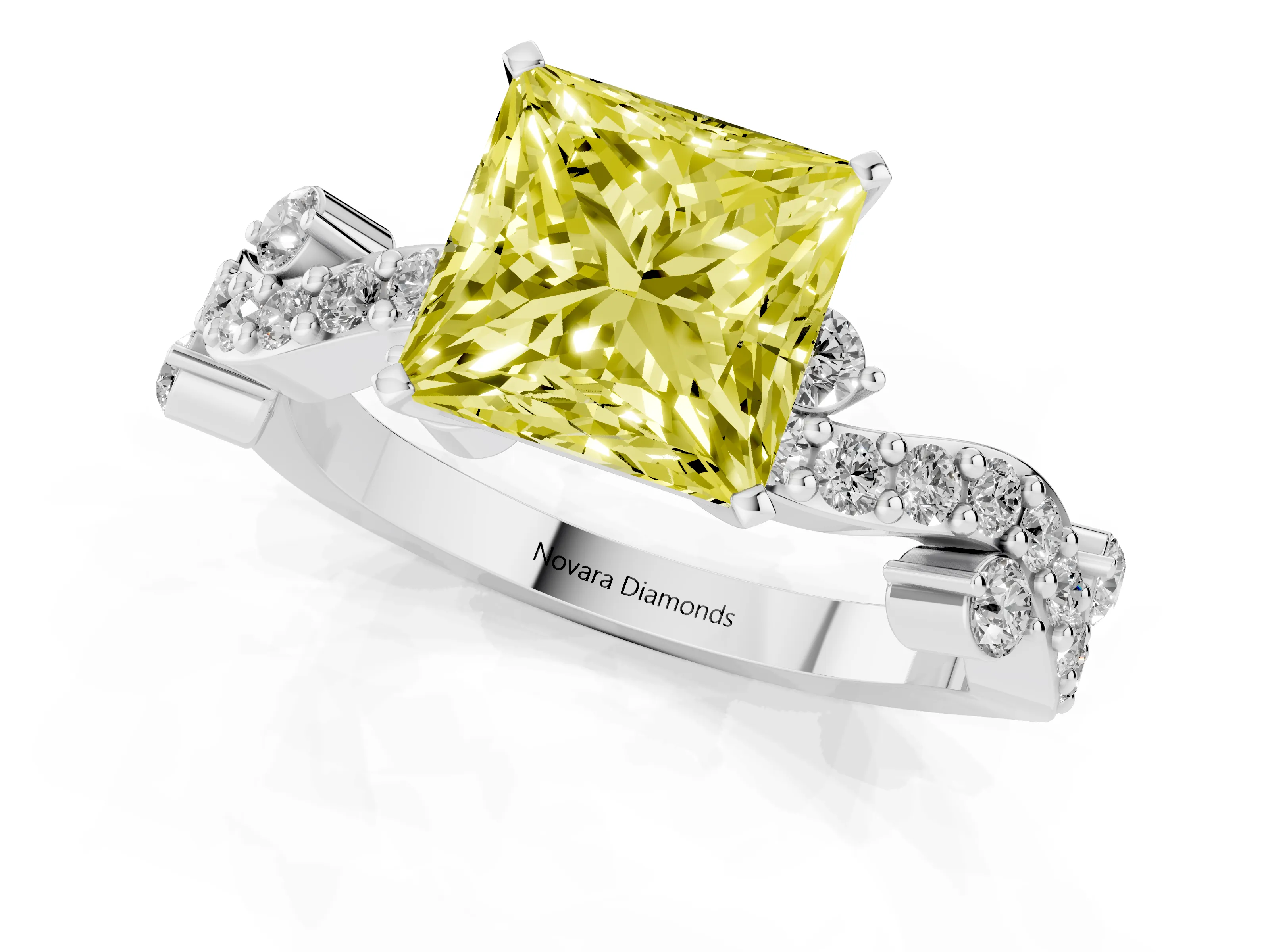 Fancy Yellow Princess Cut Diamond Solitaire Twisted Band Set in White gold with Pavé Setting