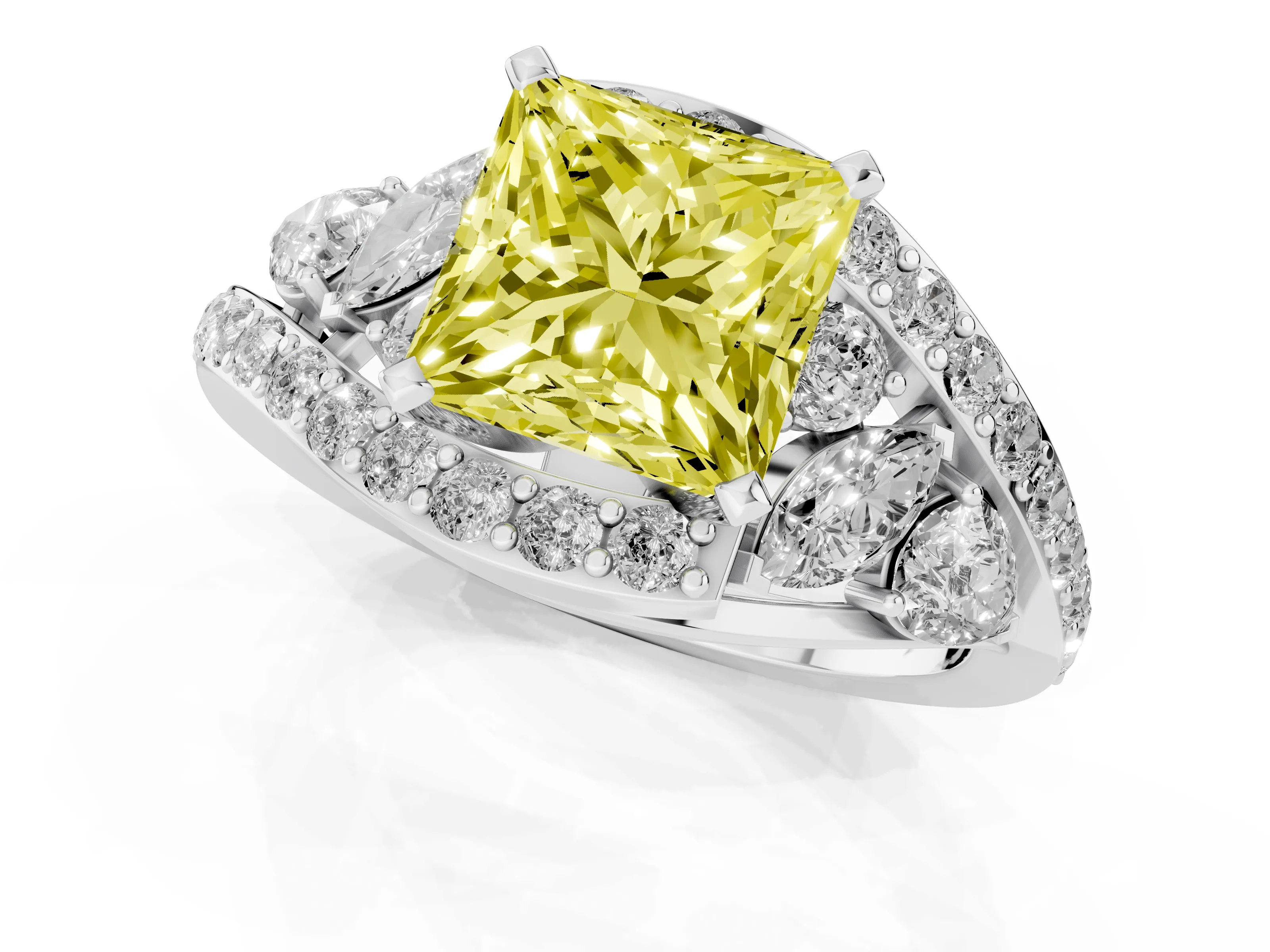 Fancy Yellow Princess Cut Diamond Halo Ring Set in White gold with Marquise and Pavé Band in Prong Setting
