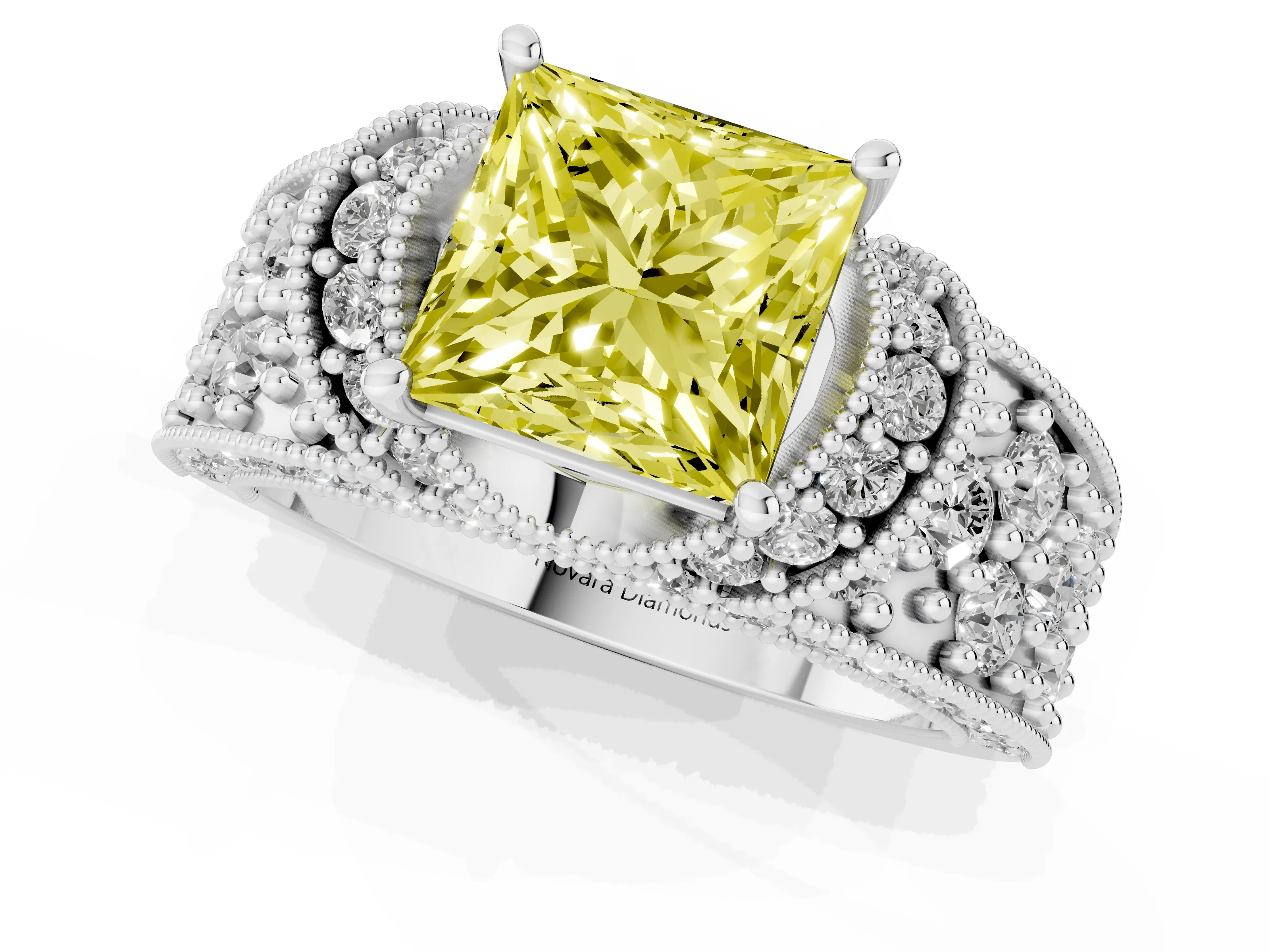 Fancy Yellow Princess Cut Diamond Milgrain Halo Pavé Engagement Ring Set in Silver with Prong Setting