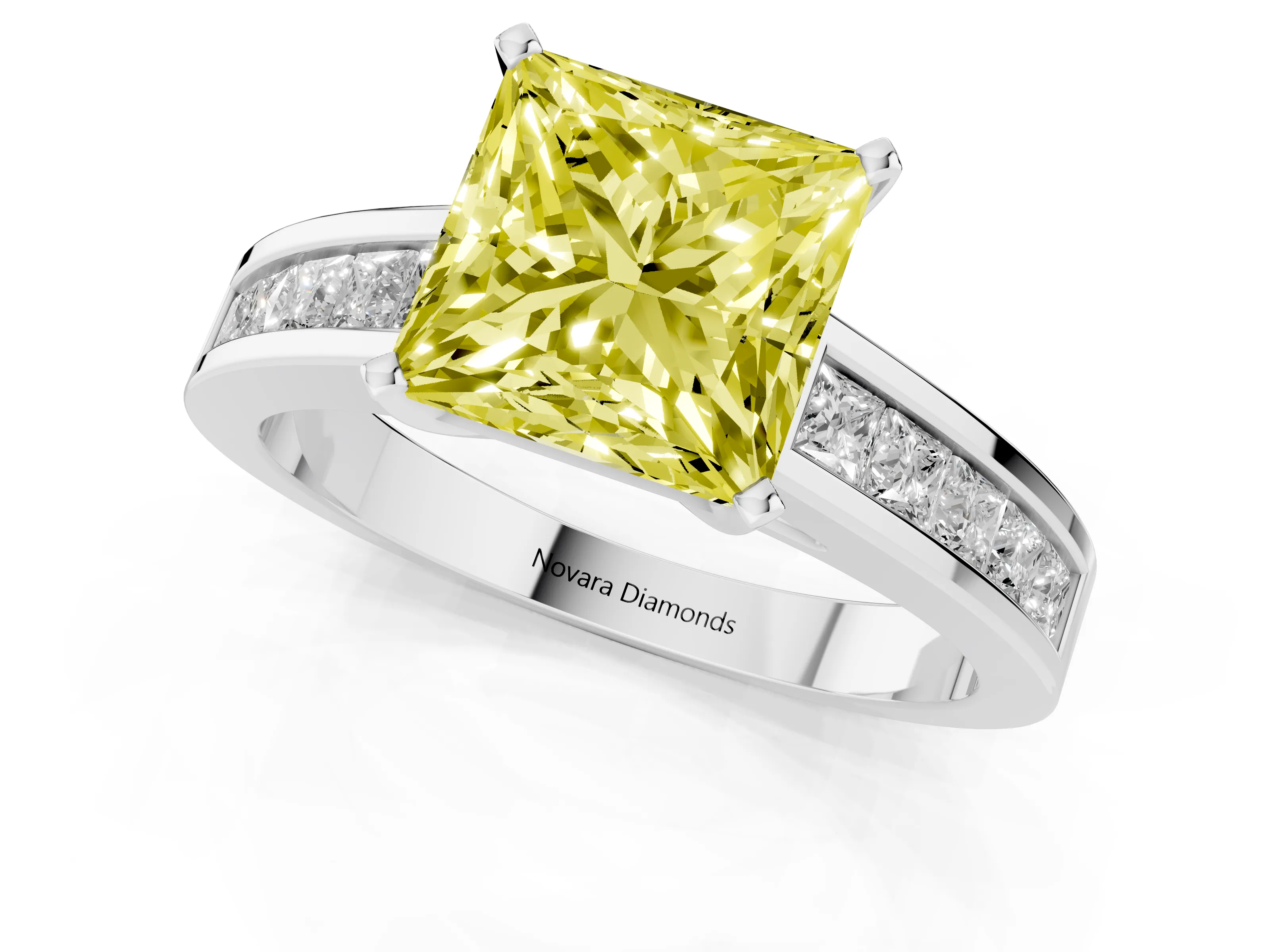 Fancy Yellow Princess Cut Diamond Solitaire Ring Set in Silver with Channel-Set Band and Prong Setting