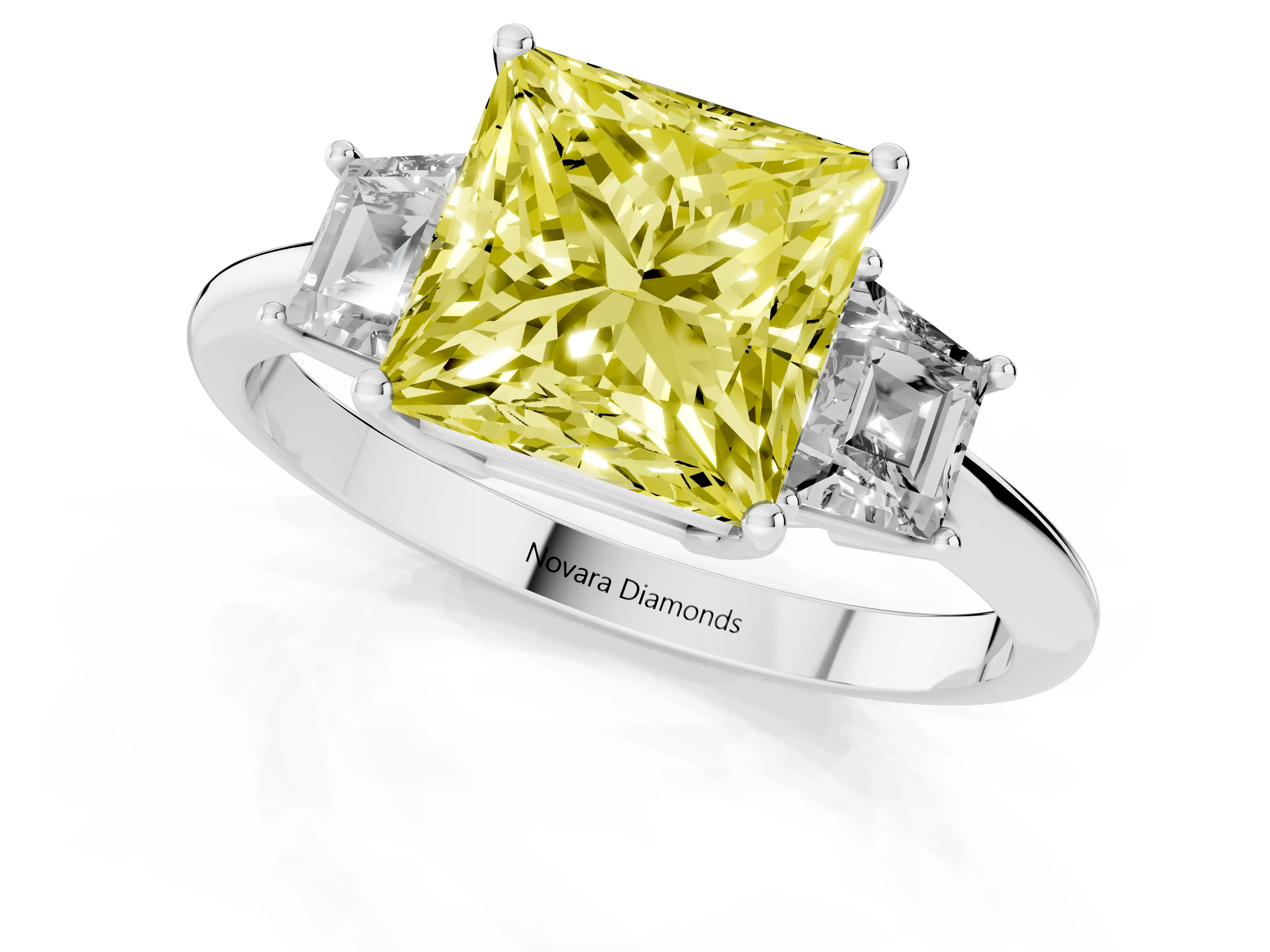 Fancy Yellow Princess Cut Diamond Three-Stone Ring Set in Silver with Trapezoid Side Stones and Prong Setting