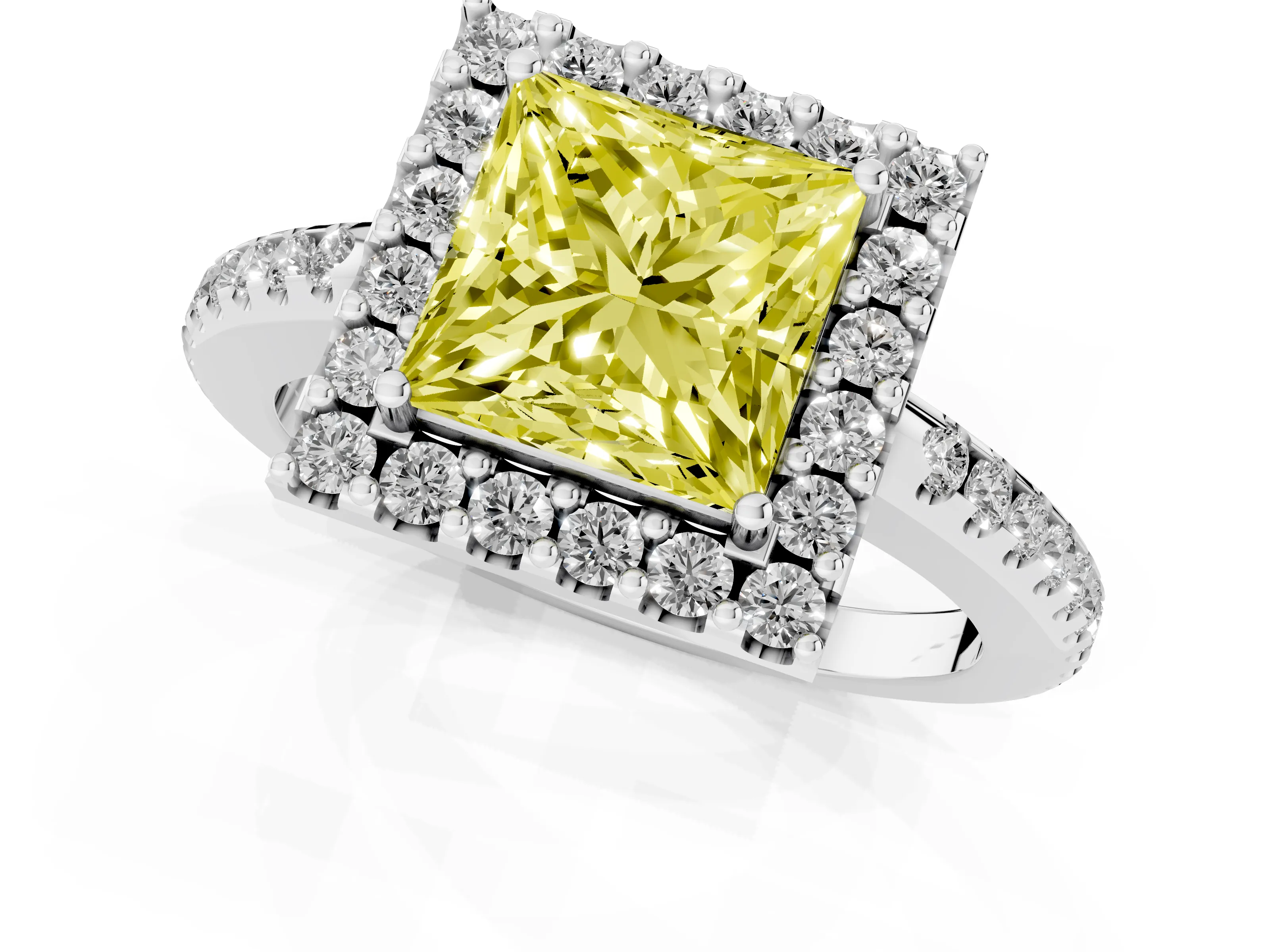 Fancy Yellow Princess Cut Diamond Pavé Halo Ring Set in Platinum with Prong Setting