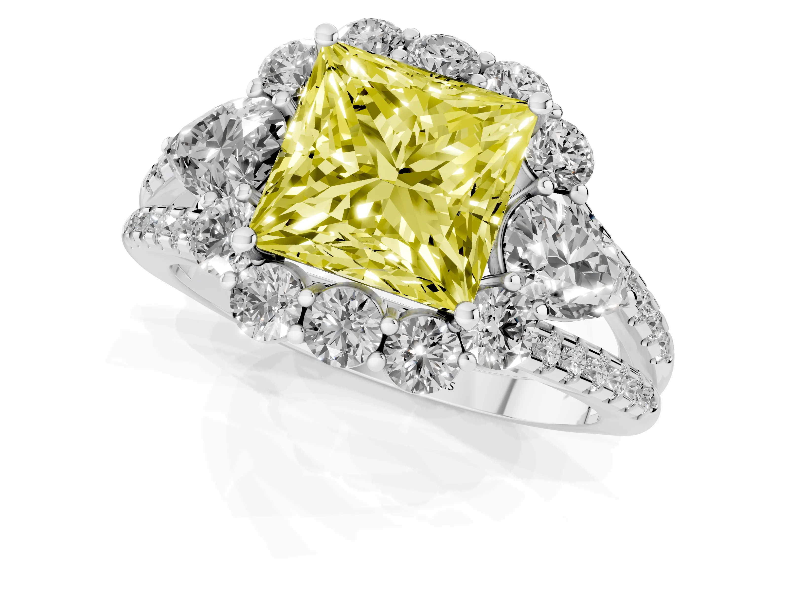 Fancy Yellow Princess Cut Diamond Halo Split Shank Engagement Ring Set in Platinum with Prong-Held Center Stone