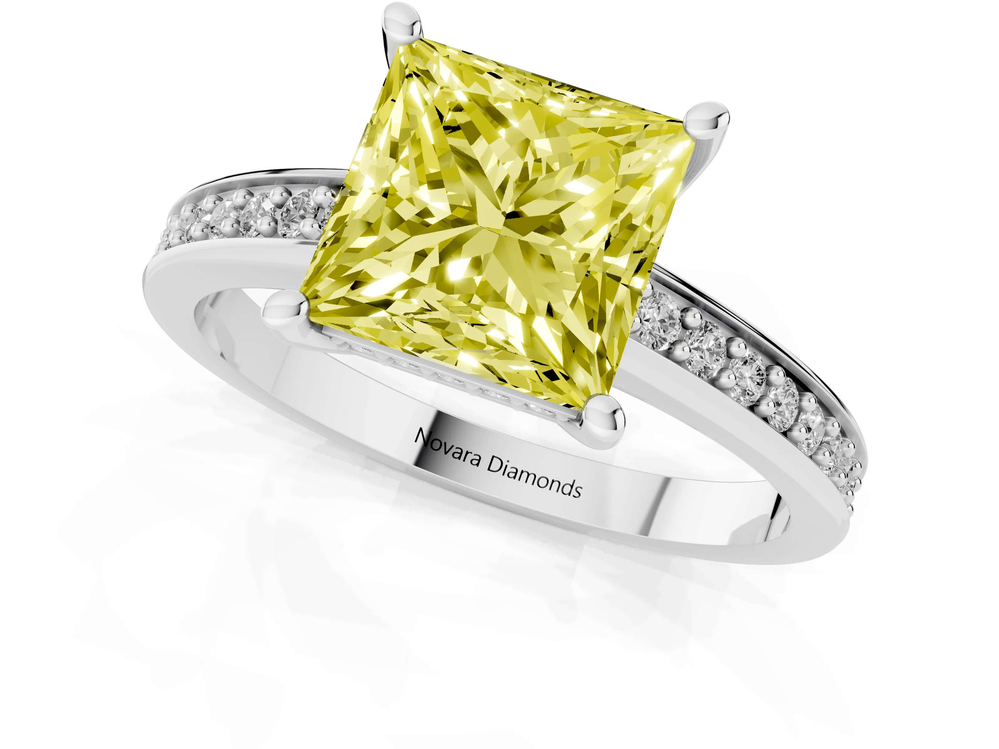 Fancy Yellow Princess Cut Diamond Pavé Band Prong Set Solitaire Ring Set in Platinum