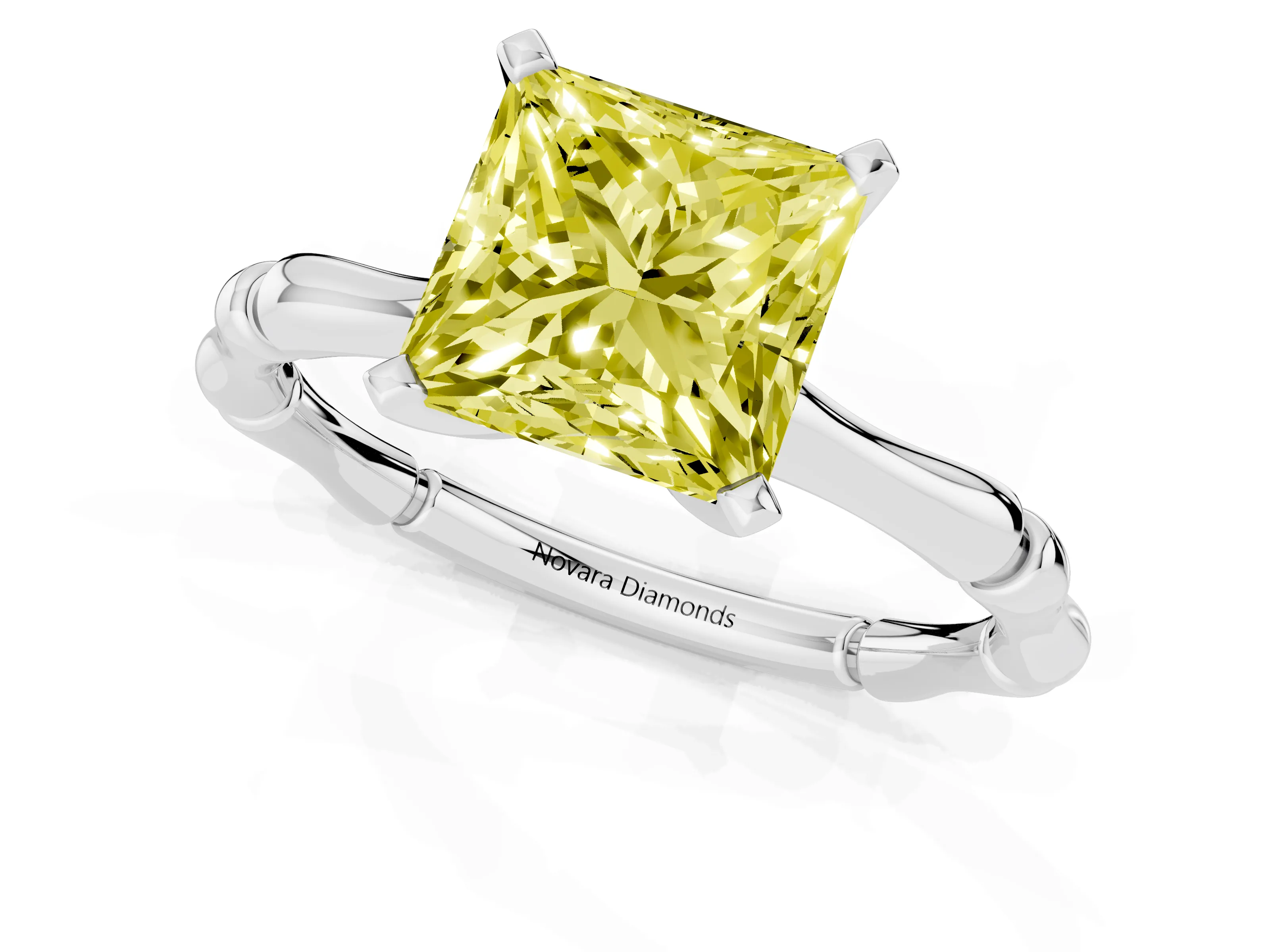 Fancy Yellow Princess Cut Diamond Solitaire Ring Set in Silver with Bamboo Band and Prong Setting