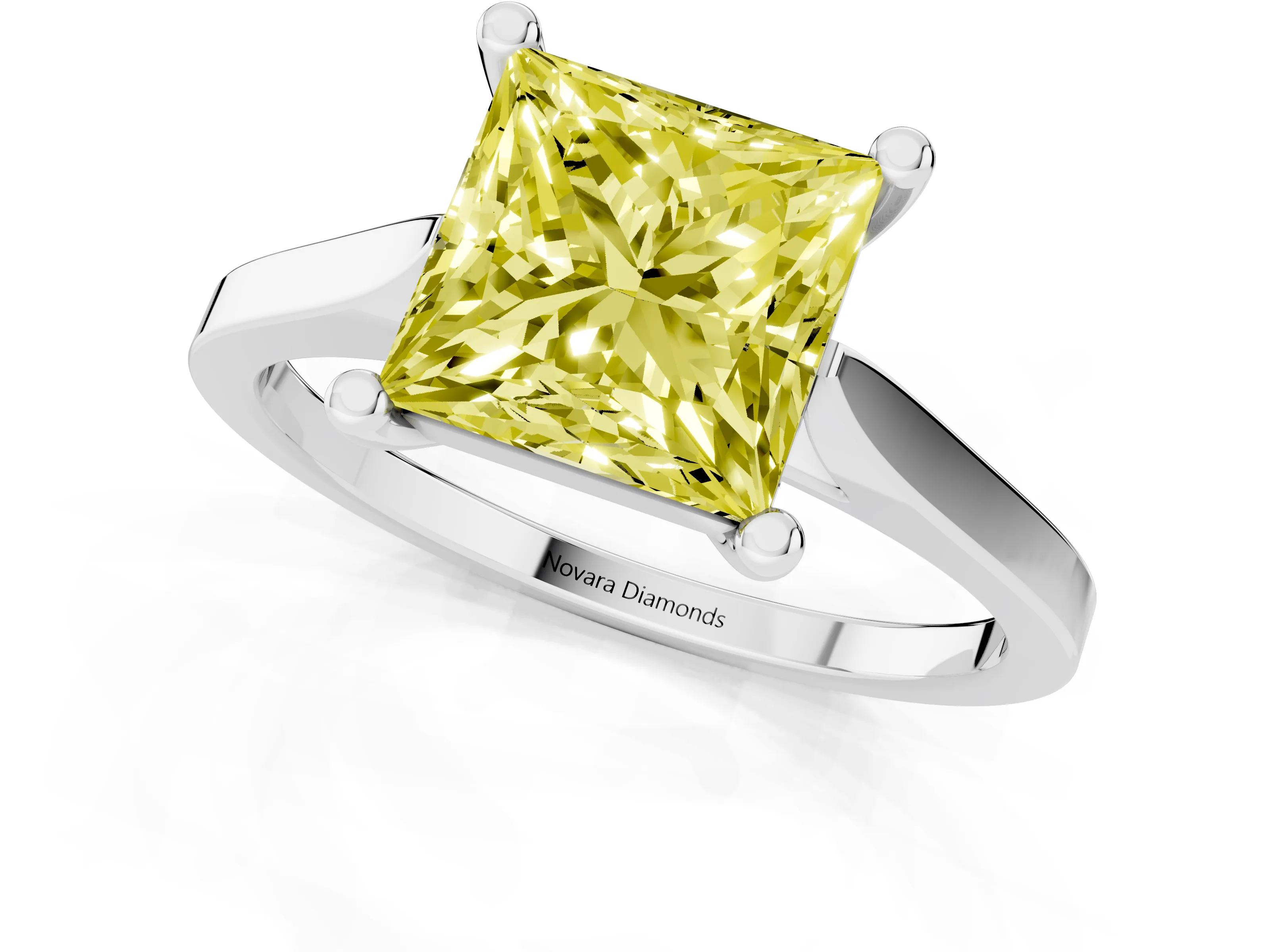 Fancy Yellow Princess Cut Diamond Solitaire Ring Set in Silver with Prong Setting and Tapered Band