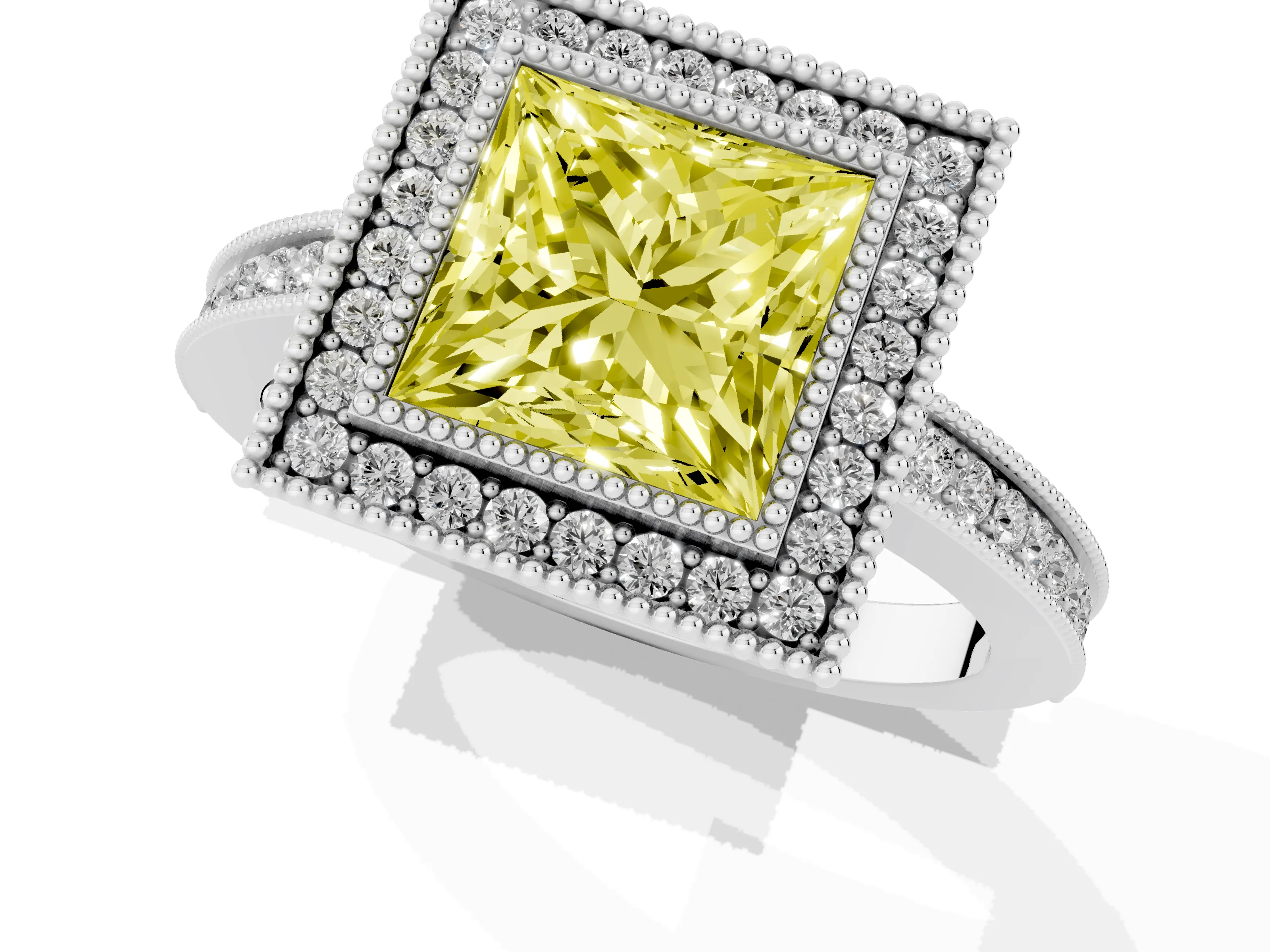 Fancy Yellow Princess Cut Diamond Halo Ring Set in White gold with Pavé Band and Milgrain-Edged Prongs