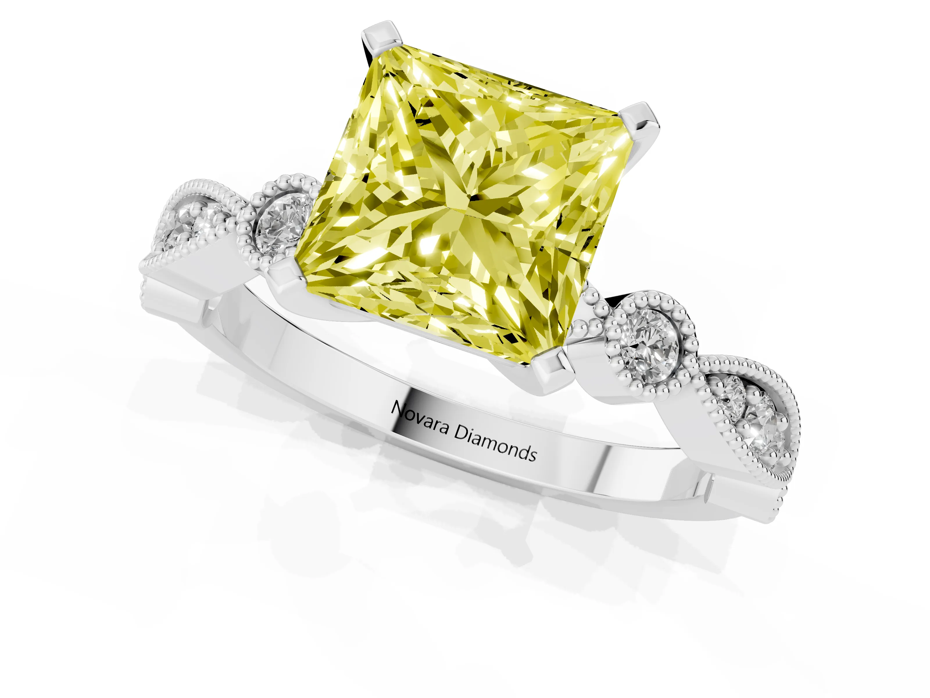 Fancy Yellow Princess Cut Diamond Solitaire Engagement Ring Set in Silver with Milgrain Bezel Accent Band
