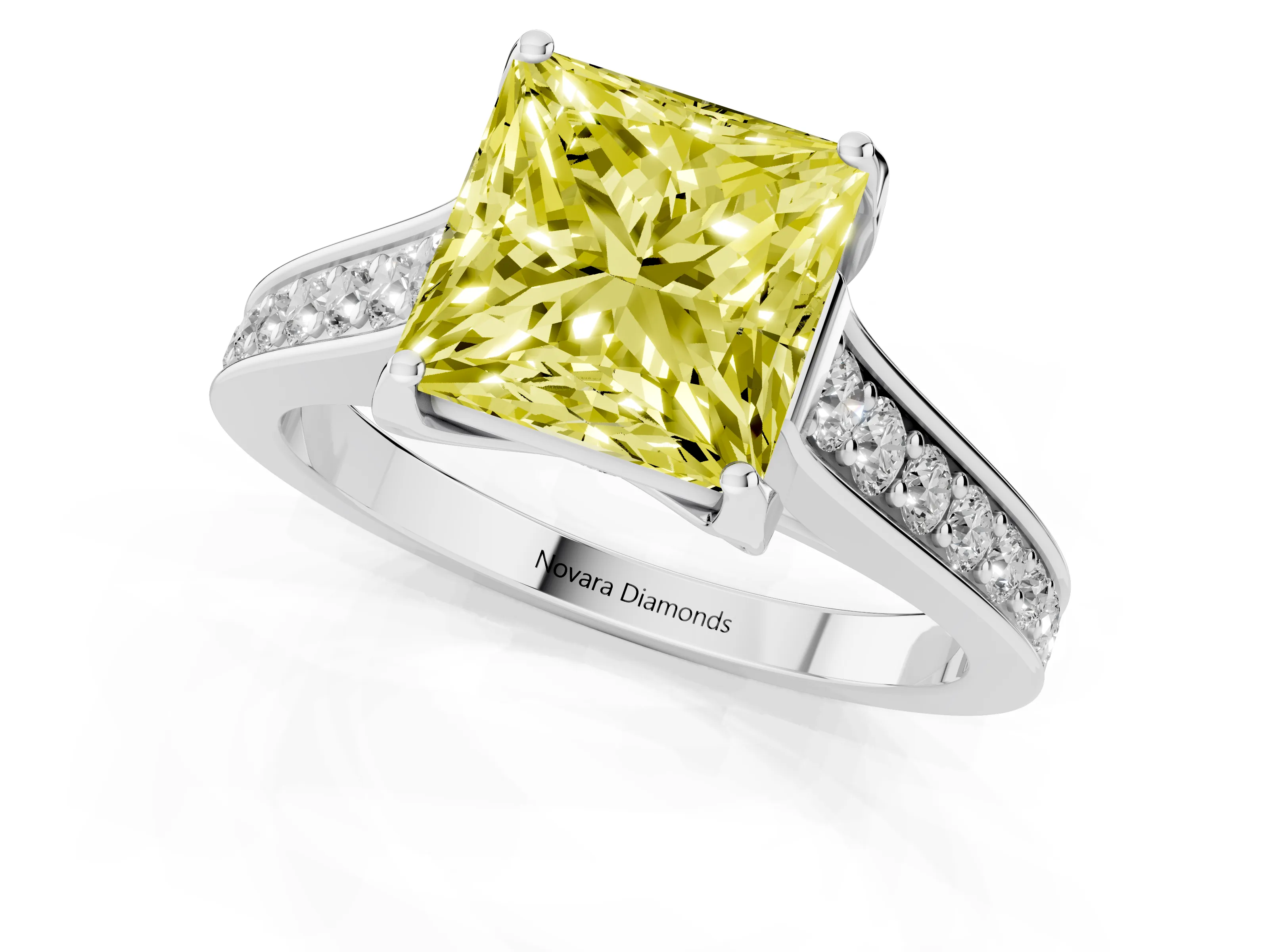 Fancy Yellow Princess Cut Diamond Solitaire Pavé Engagement Ring Set in Silver with Prong Setting